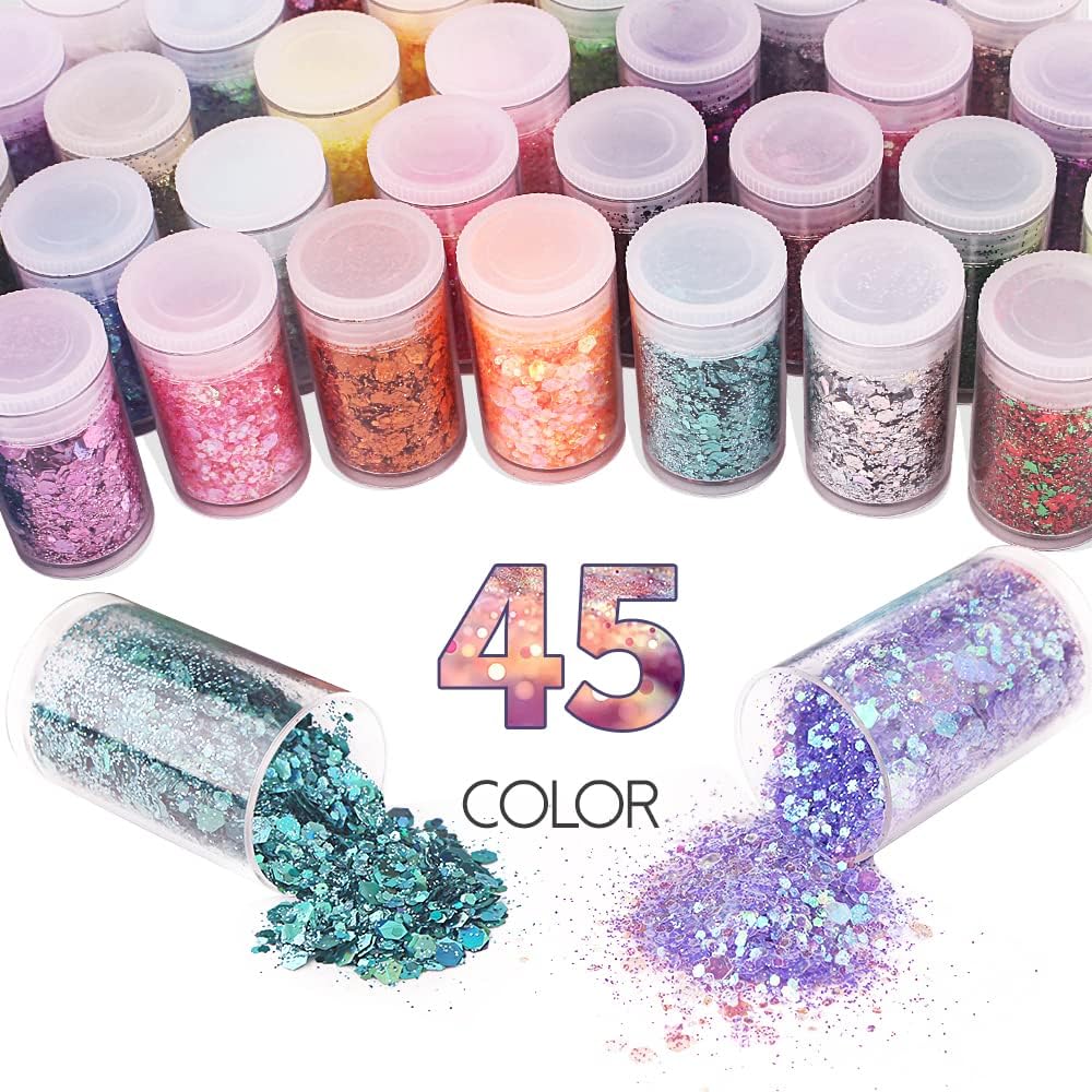Holographic Chunky and Fine Glitter Mix, 45 Colors Festival Sequins & Powder, Iridescent Flakes, Cosmetic Face Body Eye Hair Nail Art Resin Tumbler Loose Glitter