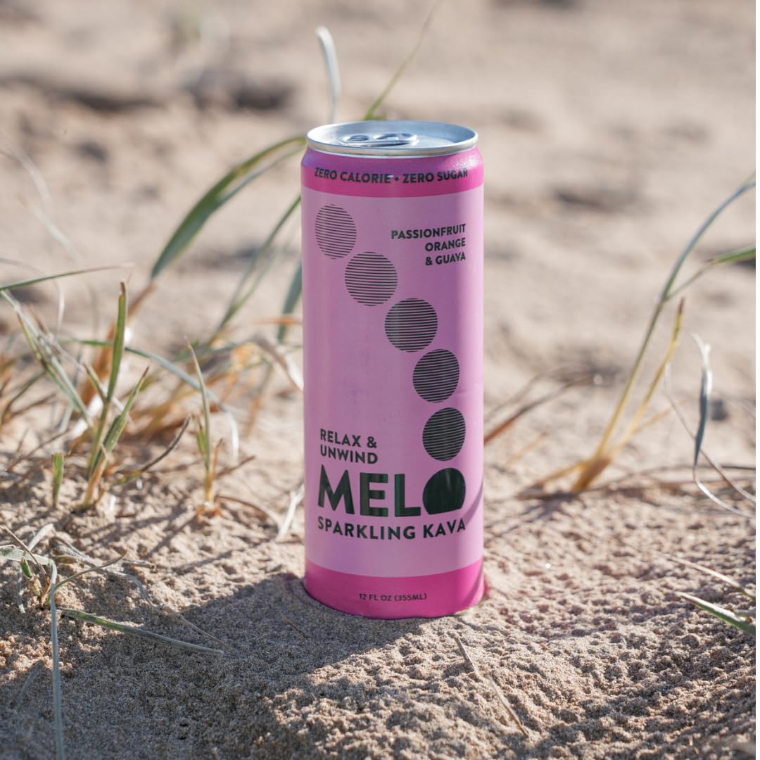 Melo Sparkling Kava Drink, Passionfruit, Orange & Guava, Sugar Free Non Alcoholic Drinks with Zero Calories, Gluten Free, Vegan, 100% Natural Mocktail with 750mg Kava Root per Drink, 12 Pack, 12 oz Cans