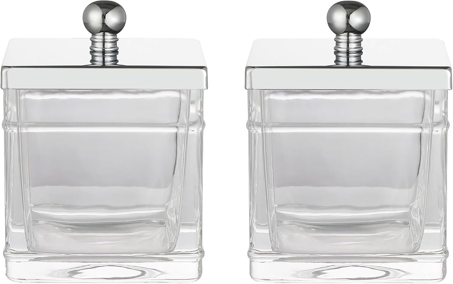 Glass Cotton Jar Holder 2 Pack– Silver/Chrome Lid, Elegant Bathroom Storage Canister for Qtips, Cotton Balls, Floss, Makeup Organizer, Vanity & Bathroom Organization