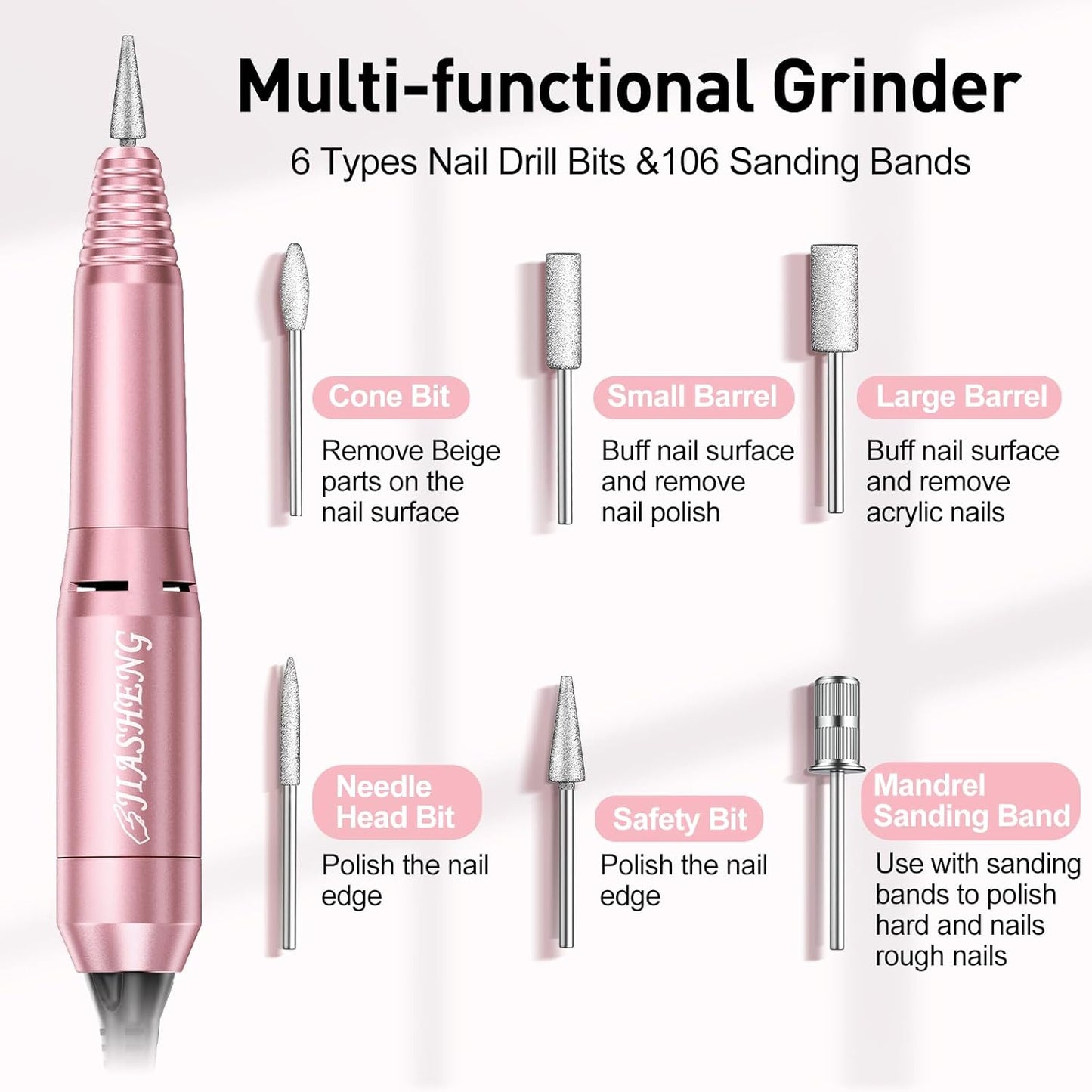 JIASHENG Nail Drill, 20000rpm Professional Electric Nail Drill Machine, Electric Nail File Drills for Acrylic Nails Gel Nails Manicure Pedicure Tools for Salon Use, Pale Pink