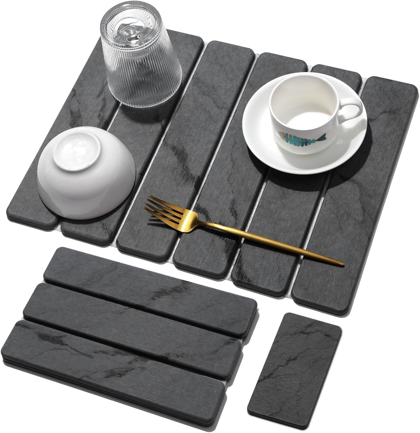 2 PCS Stone Dish Drying Mat for Kitchen Counter,Quick Dry Stone Dishes Mats,Marbled Water Absorbing Diatomaceous Earth Drying Pad for Countertop Bottles Utensils Cups(Dark Gray 16"×12" & 8"x4")