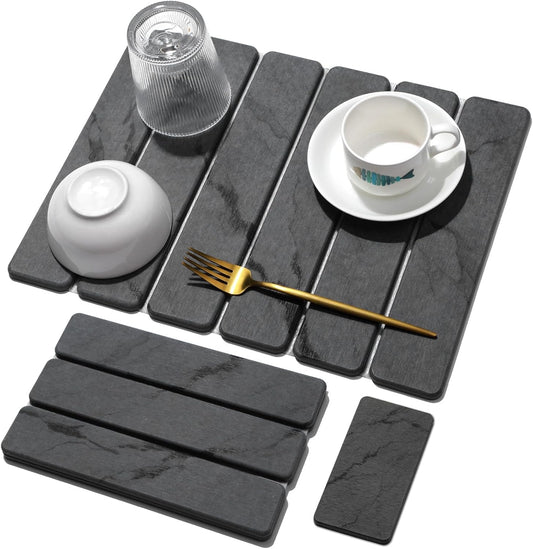 2 PCS Stone Dish Drying Mat for Kitchen Counter,Quick Dry Stone Dishes Mats,Marbled Water Absorbing Diatomaceous Earth Drying Pad for Countertop Bottles Utensils Cups(Dark Gray 16"×12" & 8"x4")