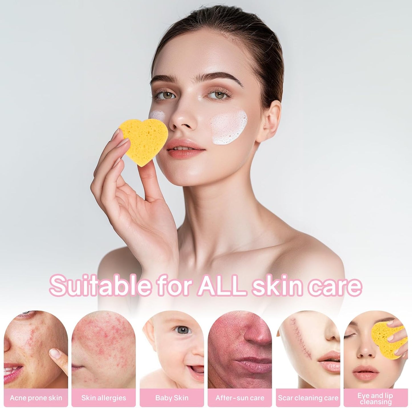 50-Count Heart Shape Compressed Facial Sponges,100% Natural Cellulose Face Sponge Spa Sponges for Removing Dead Skin, Dirt and Makeup(Yellow)