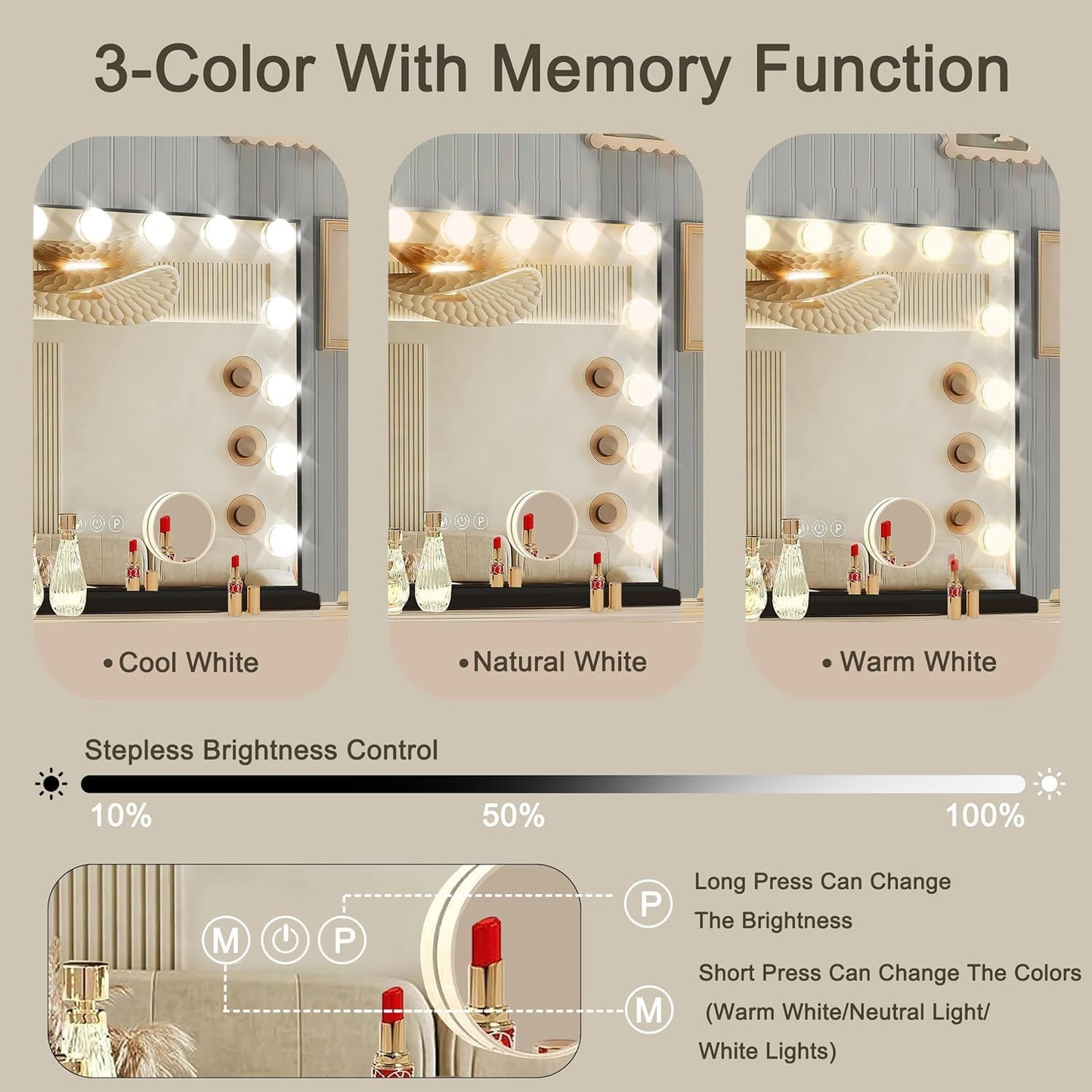 Black Hollywood Vanity Mirror with Lights, 15 Dimmable Bulbs, 3 Color Lights,Make Up Lighted Mirror, Aluminum Metal Frame, USB Charging Port（23" x 18"）