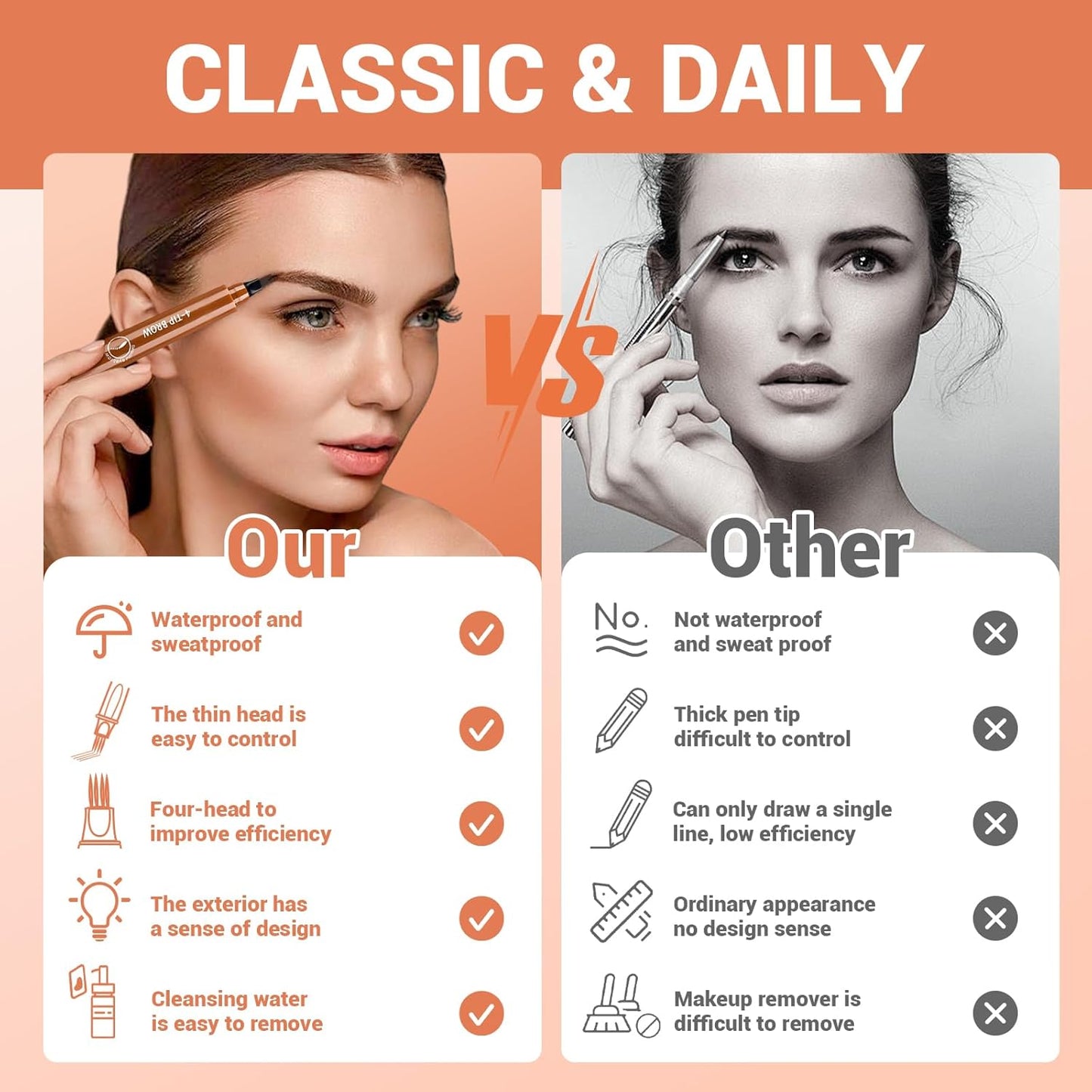 2025 New Magic Eyebrow Pencil, 3D Waterproof 4 Tipped Precise Brow Pen Microblading Eyebrow Pencil Contouring Pen Fine Stroke Microblading Creates Natural (Light Brown)