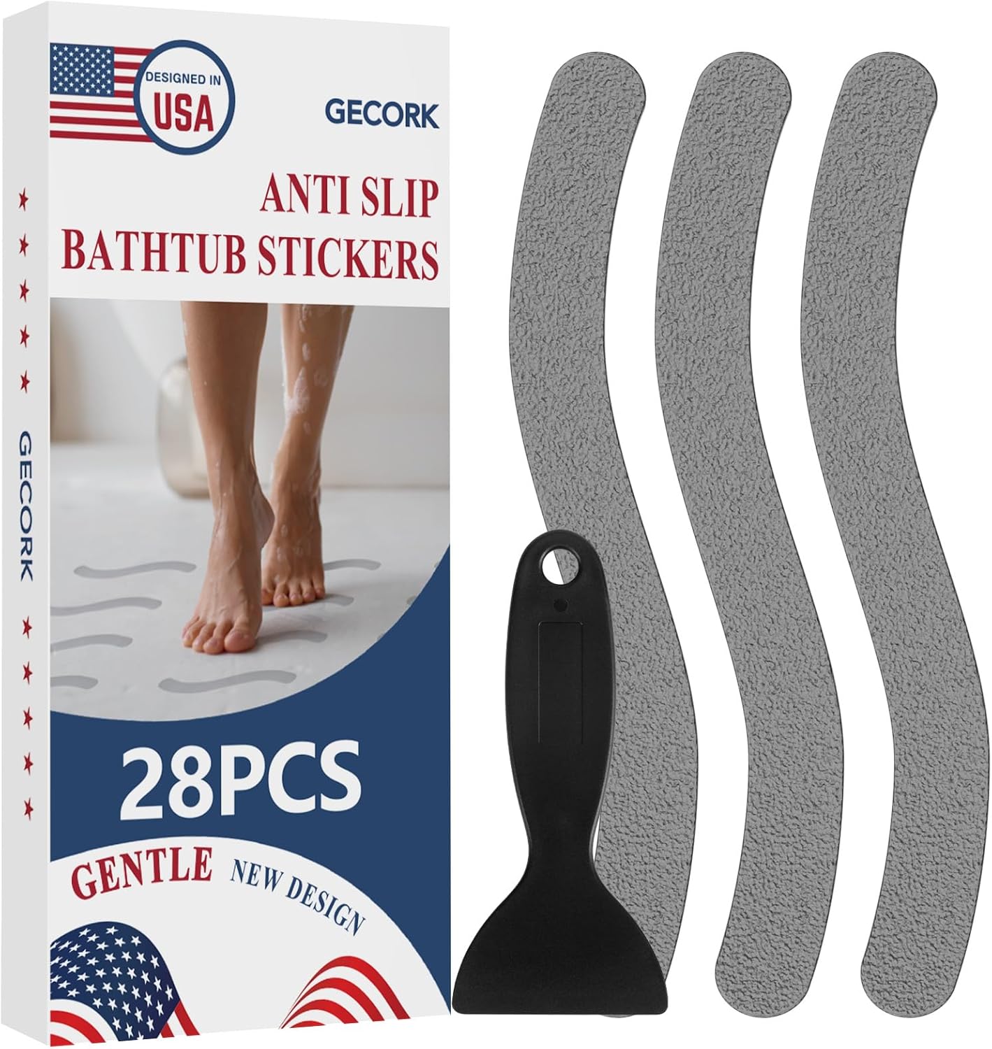 28 PCS Shower Floor Non Slip Stickers with Strong Adhesive, Invisible & Durable Anti Slip Shower Stickers with Scraper for Bath Tub, Pools and Stairs(Grey,Wavy)