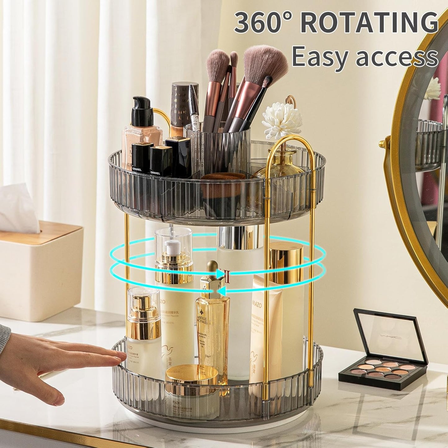 360° Rotating Makeup Organizer, Large-Capacity Skincare Make Up Storage 2 Tier Perfume Organizers Cosmetic Dresser Organizer with Makeup Brush Holder, Fits Bedroom, Bathroom, Vanity Shelf Countertop