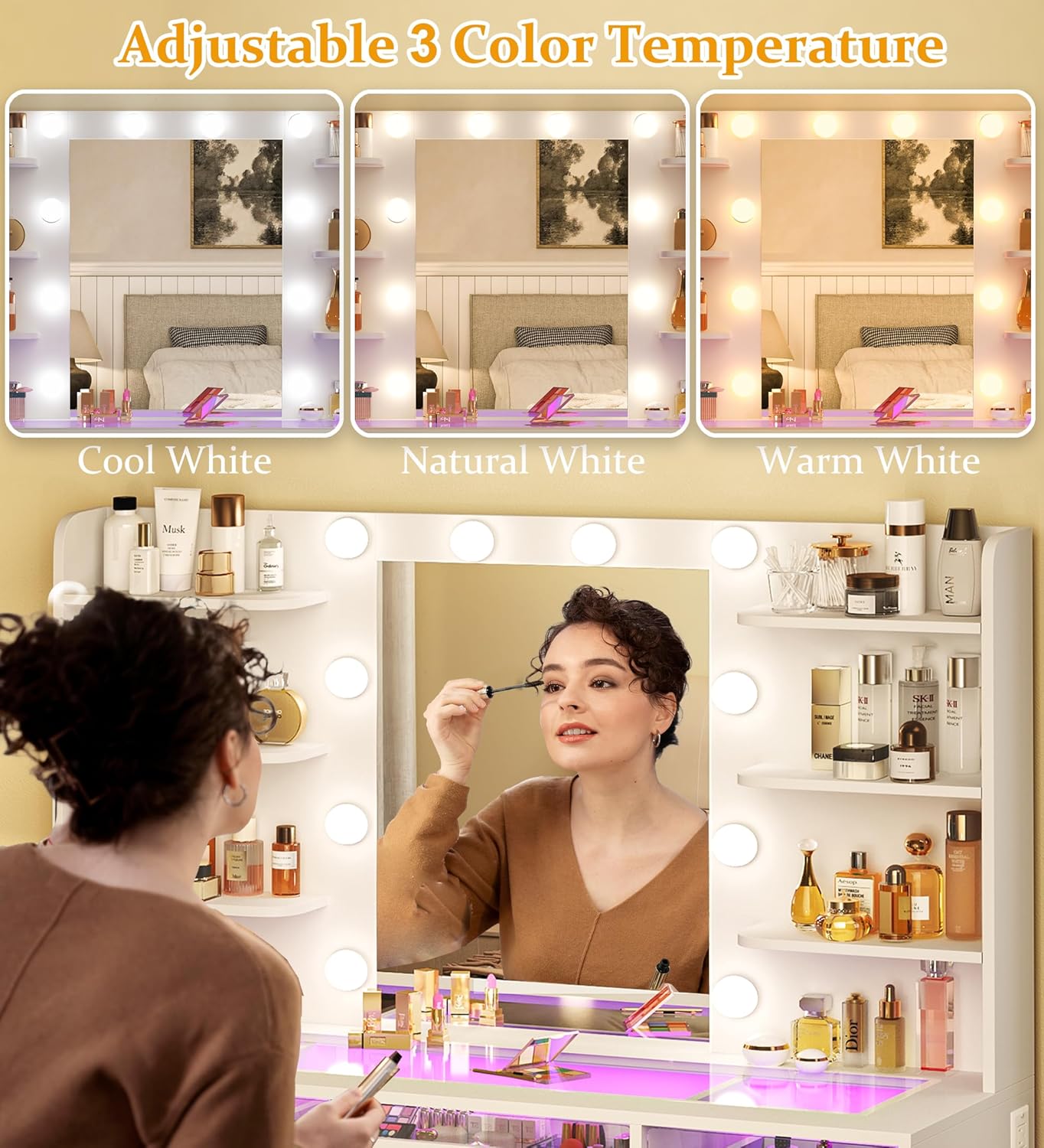 HUAHUUU Vanity Desk, Makeup Vanity Desk with Mirror and Lights 3 Colors, Transparent Top with 3 RGB Drawers, 6 Shelves, 2 Large Tempered Cabinets, Power Outlet, for Bedroom, White