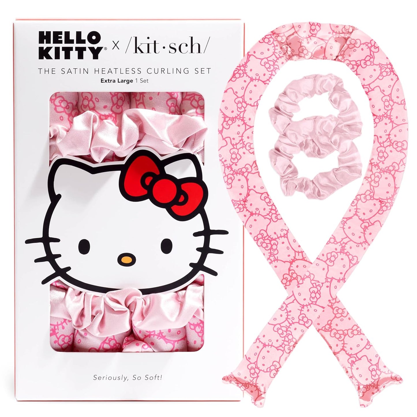 Hello Kitty x Kitsch Satin Heatless Hair Curler Set - Heatless Curls Overnight, Hair Rollers for Soft Curls & Frizz-Free Styling, No Heat Curlers To Sleep in, Curling Rod Headband - Pink Kitty Faces