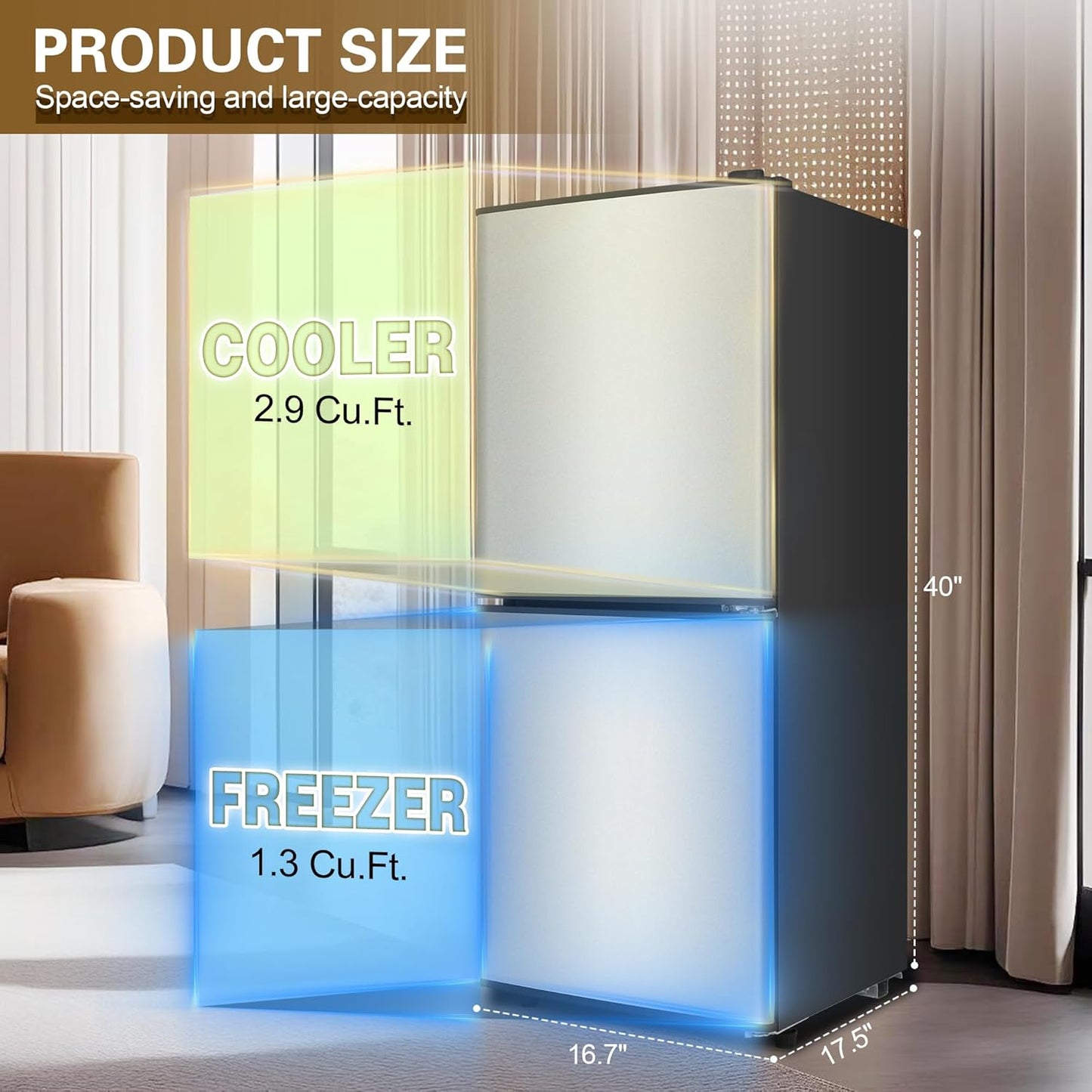 Small Fridge with Freezer 4.2 Cu.Ft., Mini Fridge and Freezer for Dorm with Adjustable Thermostat, Apartmet Size Fridge with Freezer Compact Fridge for Kitchen, Dorm, Office, Silver