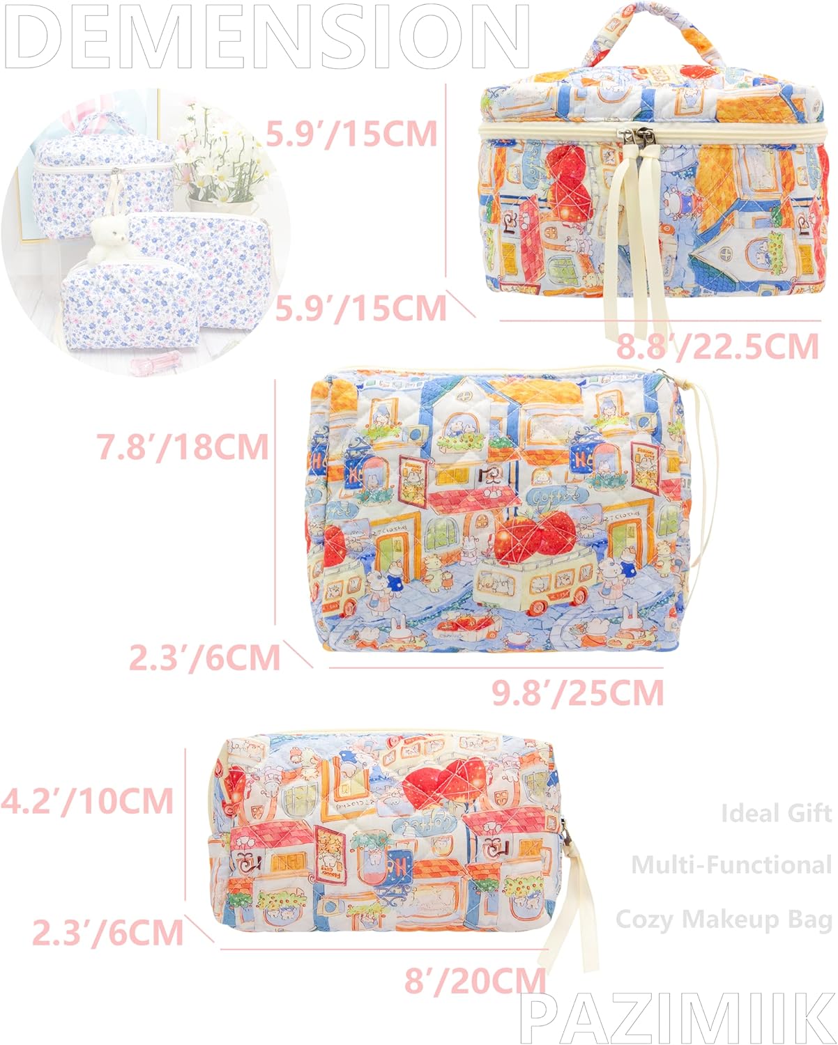PAZIMIIK 3PCS Makeup Bag SET Large Travel Quilted Zipper Soft Cosmetic Case Pouch for Women Girls Make Up,Little Bunny