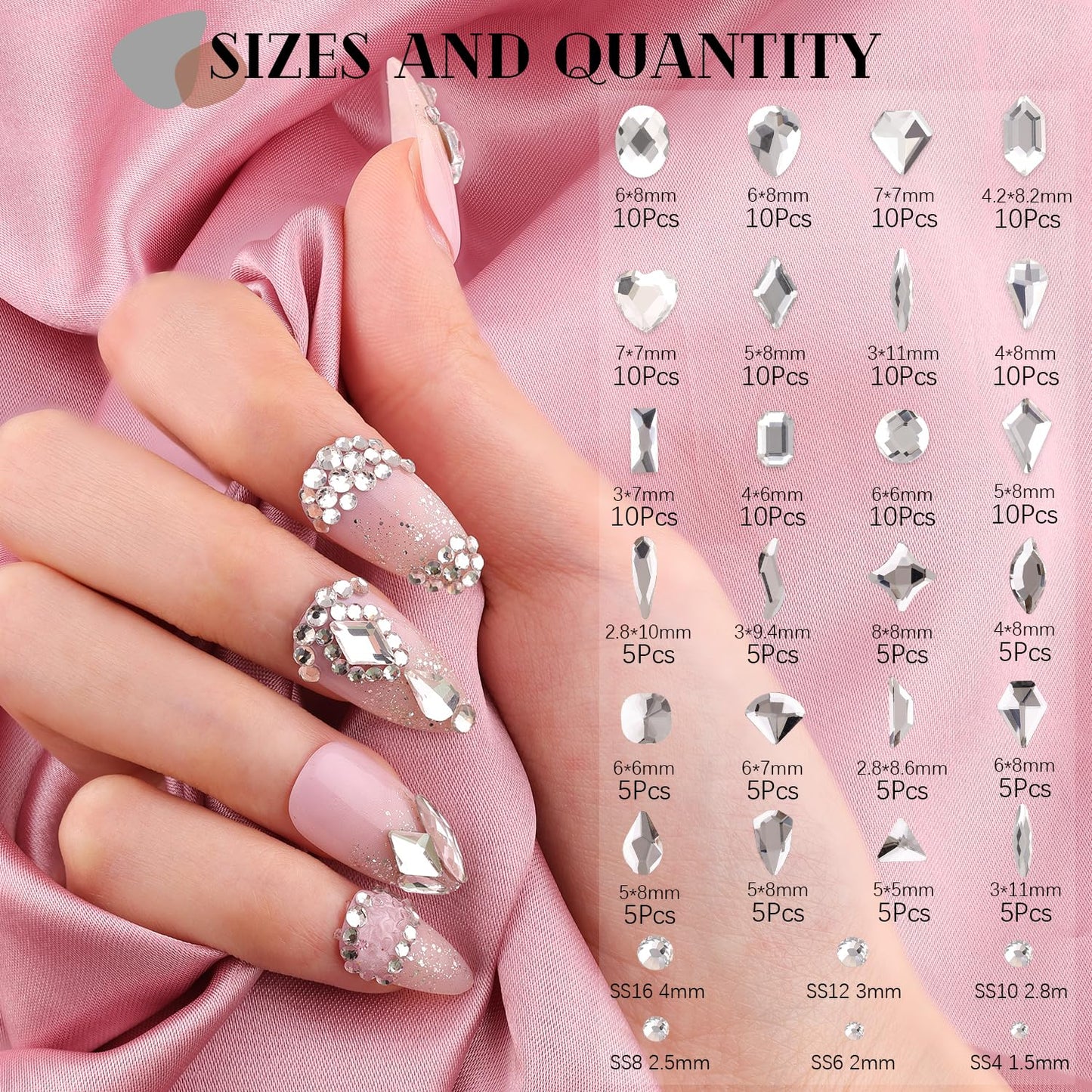 1680Pcs Silver Clear Nail Rhinestones 180Pcs Multi Shapes Glass Flatback Nail Gems + 1500Pcs 1.5-4mm Round Crystal, Manicure Nail Charms Diamond Gemstones for Acrylic Nails Decoration