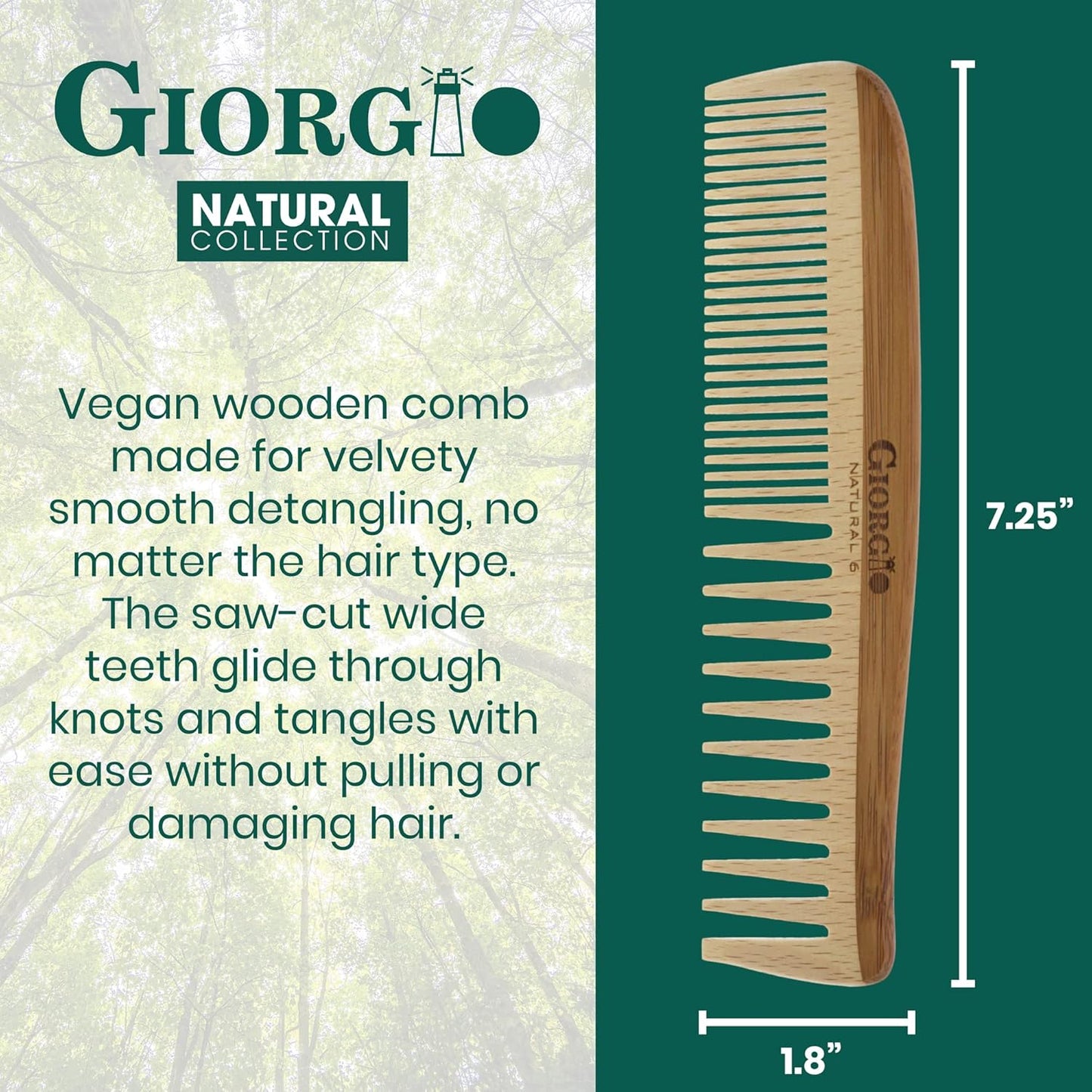 Giorgio GIONAT6 Natural Wooden Comb Hair Detangler - Half Fine Tooth and Wide Tooth Comb for Curly Hair, Bamboo and Beechwood Hair Combs for Thick Hair - Organic Wooden Hair Comb for Men and Women