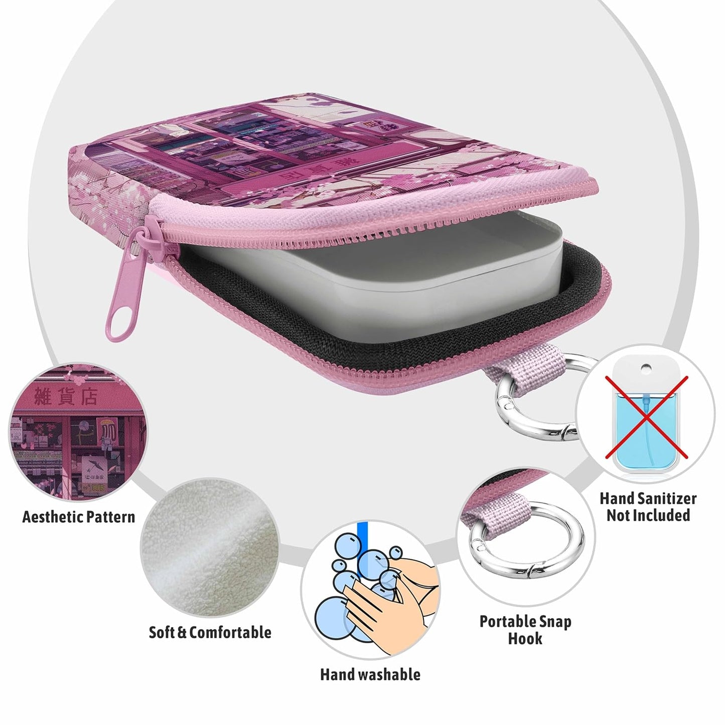 Hand Sanitizer Spray Case, Kawaii White Cats Hand Sanitizer Holder Zippered Pouch, Cute Fashion Accessory with Snap Hook for Glow Mist and Power Mist 1FL OZ