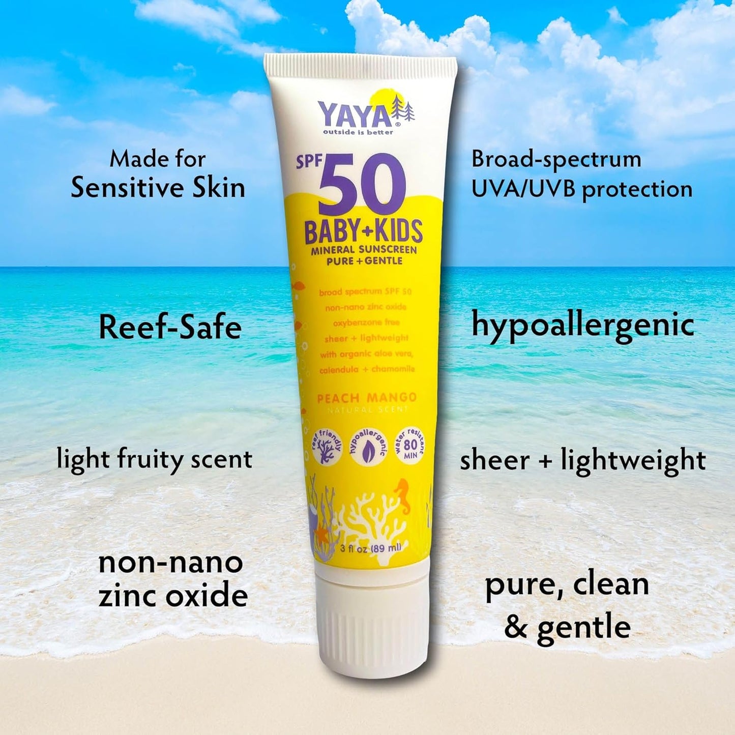 YAYA ORGANICS Baby + Kids Mineral Sunscreen with Free Sponge Applicators, SPF 50, Reef-Friendly, Non-Nano Zinc Oxide, Hypoallergenic, 3 oz, 2-pack
