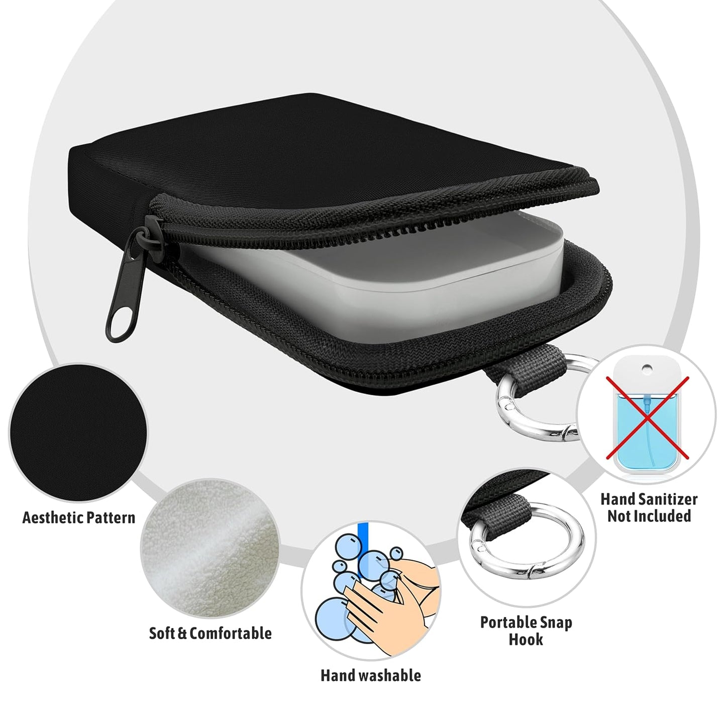 Hand Sanitizer Spray Case, Hand Sanitizer Holder Zippered Pouch, Cute Fashion Accessory with Snap Hook for Glow Mist and Power Mist 1FL OZ, Black