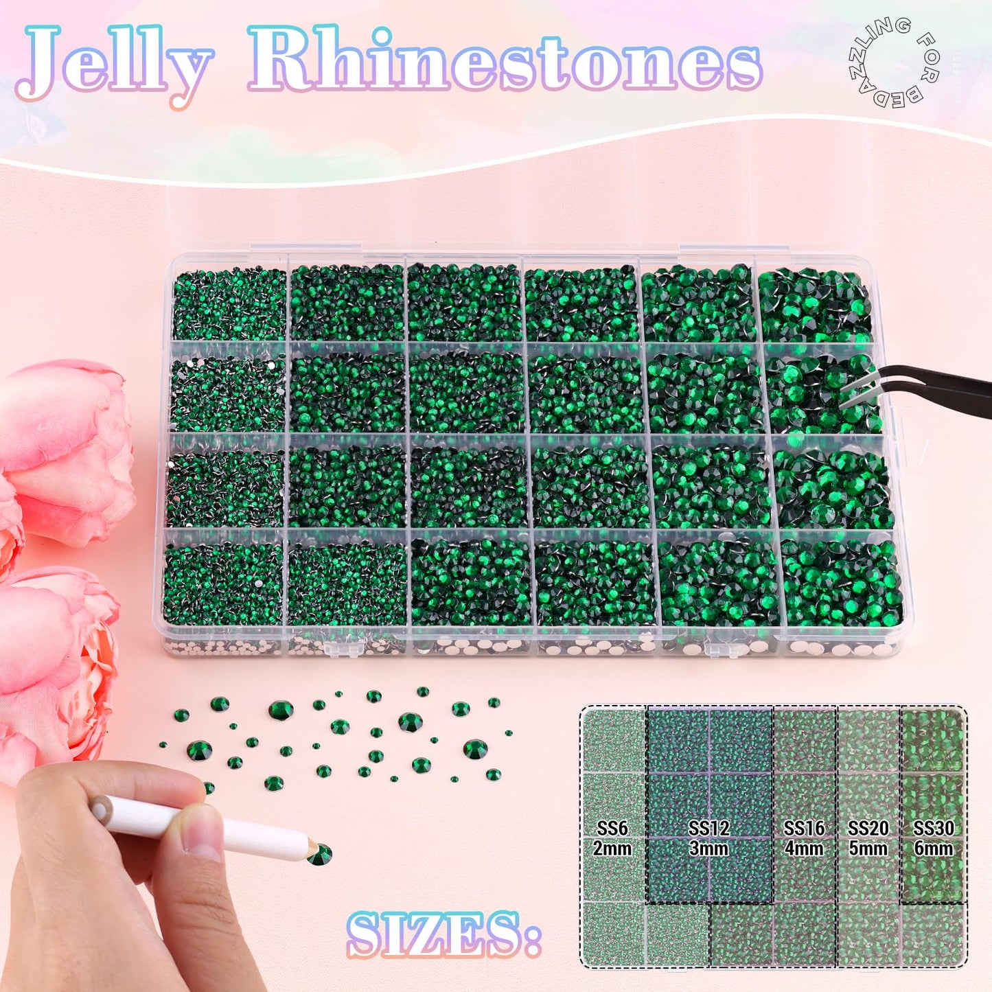 25000Pcs Resin Jelly Rhinestones with Tweezers for Crafting, 2-6mm Mixed Sizes (Dark Green) Non Hotfix Flatback Gems, Bedazzling Crystal for DIY Crafts Clothing Tumblers Mugs Shoes Decor Nail Art