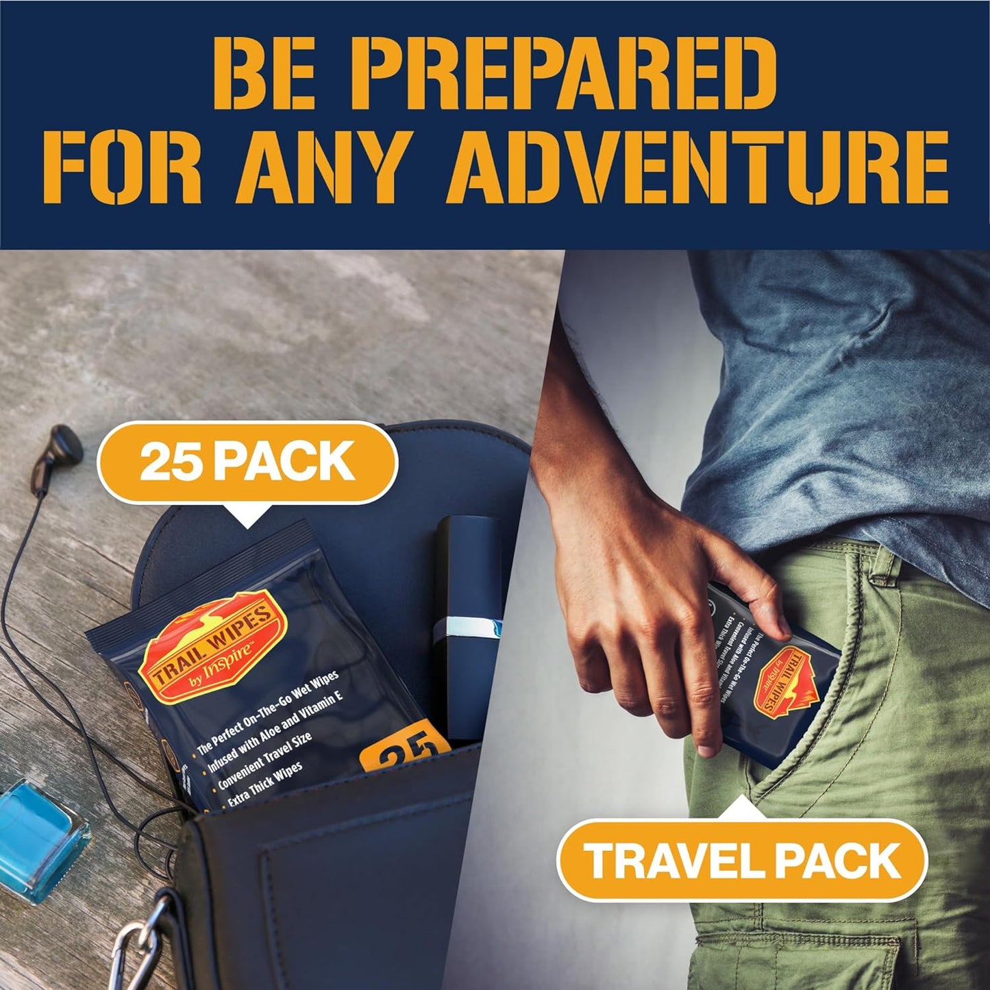 Inspire Trail Wipes | Camping Wipes Body Wipes Adults | Biodegradable Wipes For Camping, Travel, Gym With Aloe And Vitamin E | No Rinse Bathing Shower Wipes Women Or Men