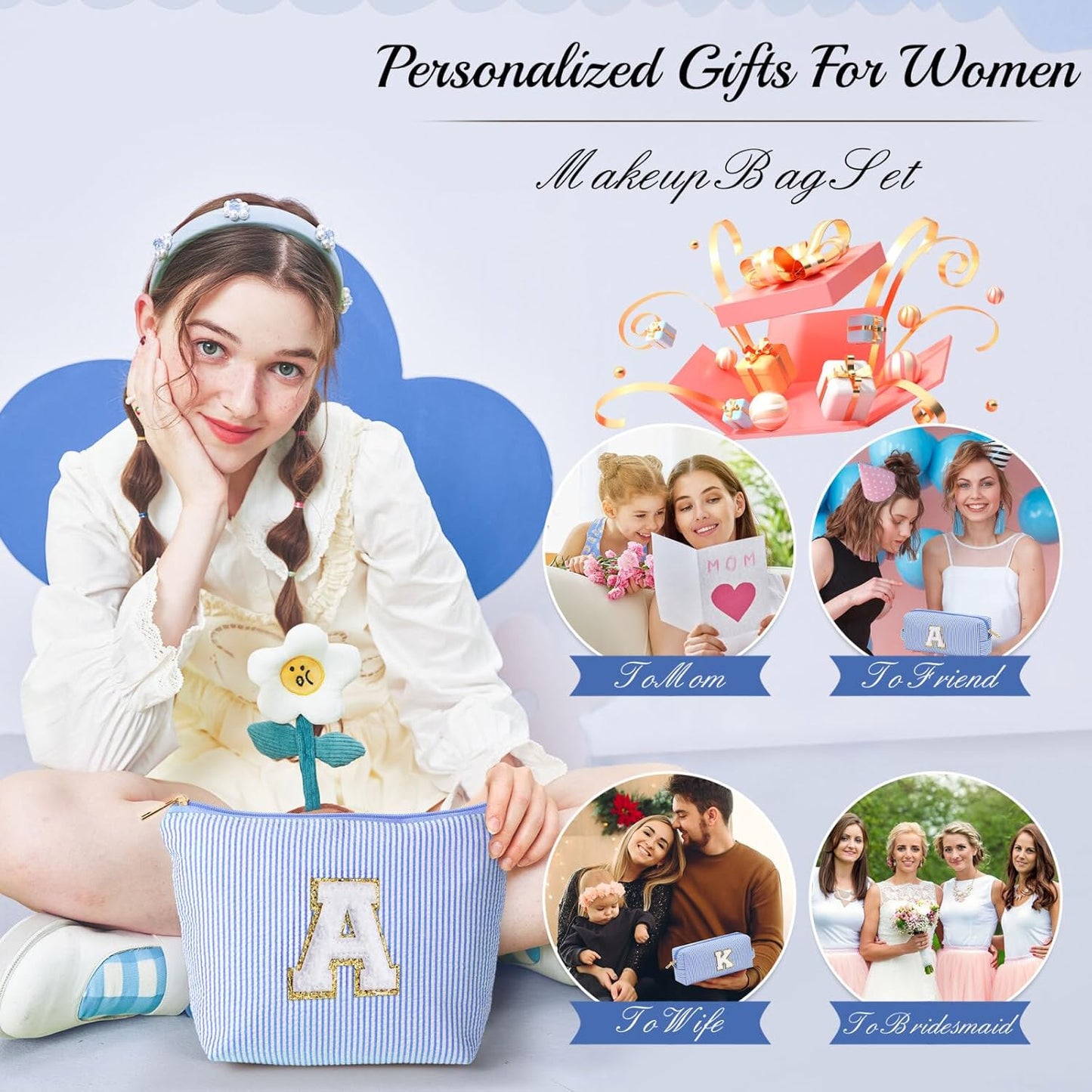 YOOLIFE Birthday Gifts for Women Teen Girls - Birthday Gifts Idea for Friend Female | Cute Blue Makeup Bag Pouch Cosmetic Bag Travel Toiletry Bag for Her Mom Girlfriend Wife Bridesmaid Teenage I