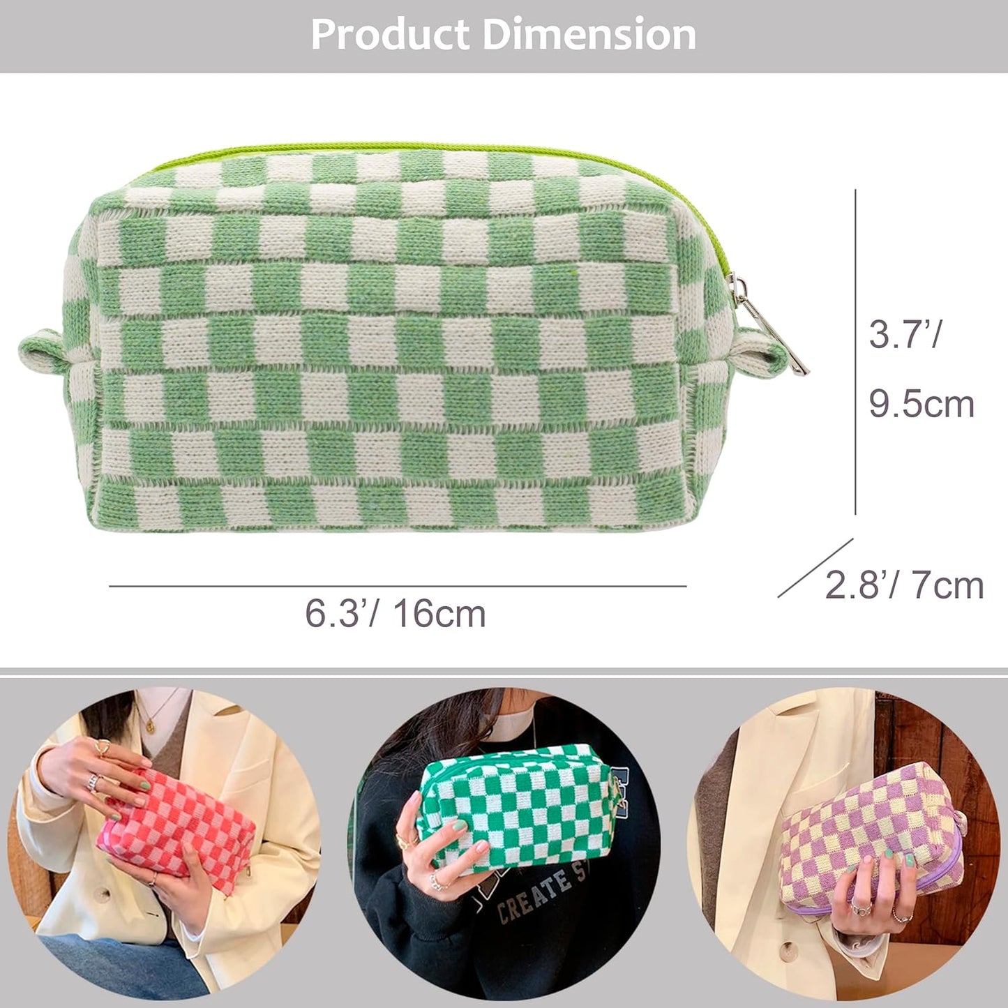 PAZIMIIK Checkered Makeup Bag for Purse Portable Zipper Make Up Pouch Small Cosmetic Case for Travel Accessories (6PCS Light Green)