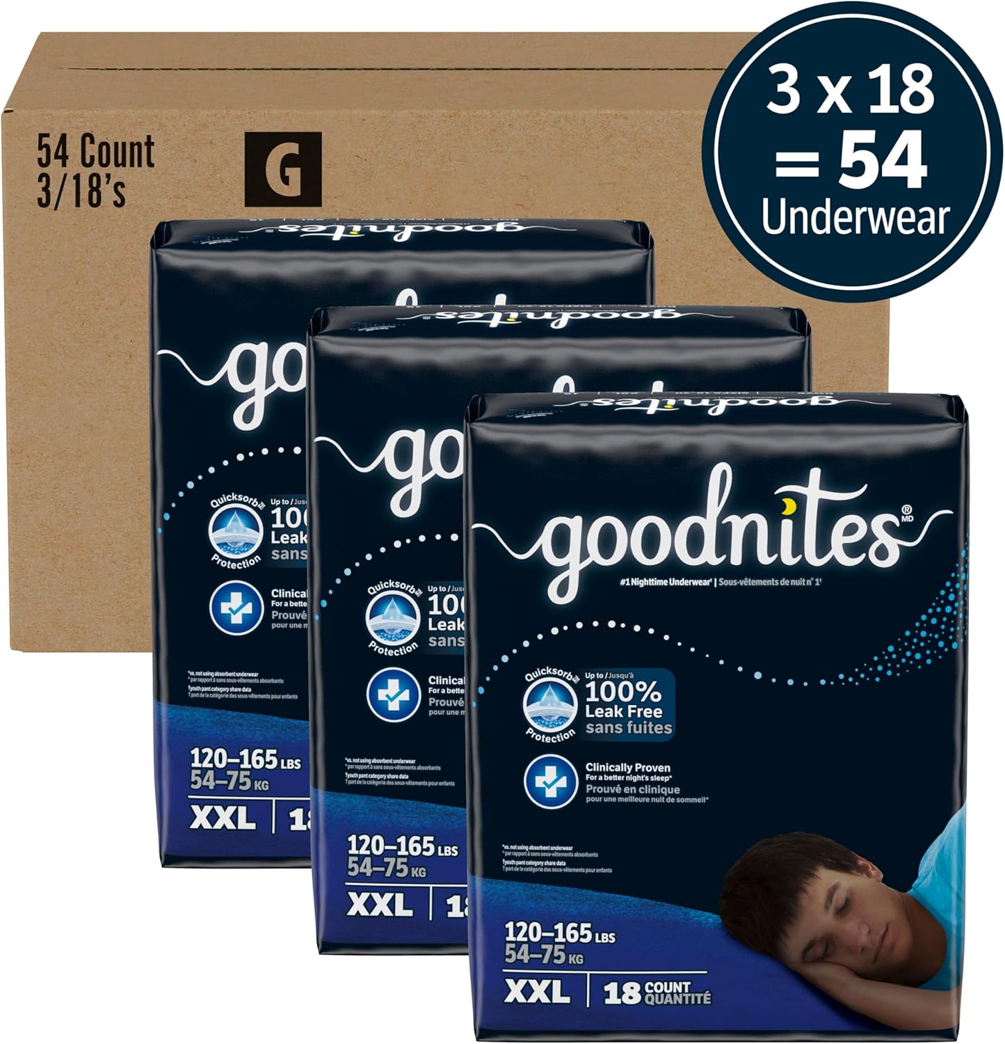 Goodnites Boys' Nighttime Underwear, Size XXL (120-165 lbs), 54 Ct, Packaging May Vary