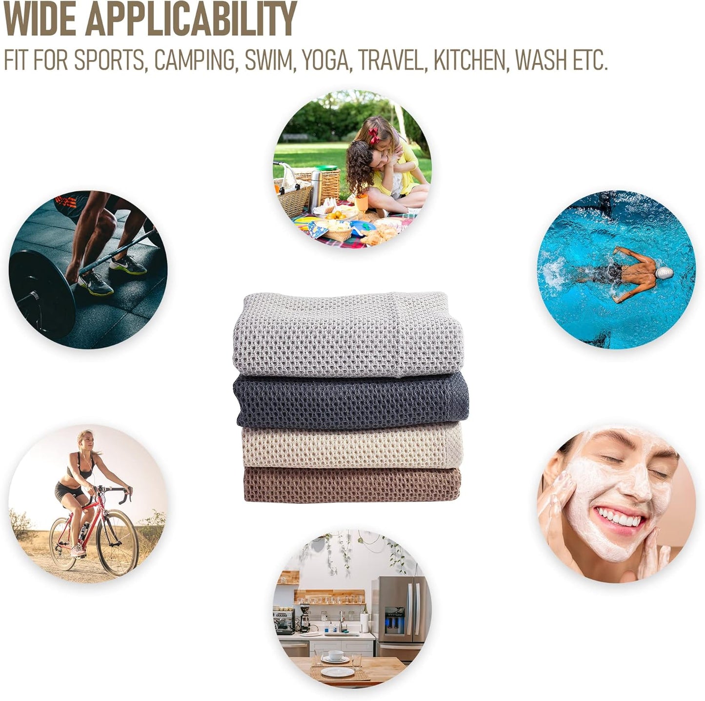 4Pack Cotton Gym Towels (13.7" x 27.5"), Yoga Sports Towel with Cool Waffle Pattern, Soft Breathable Absorbent for Neck, Face, Gym, Running, Workout, Kitchen