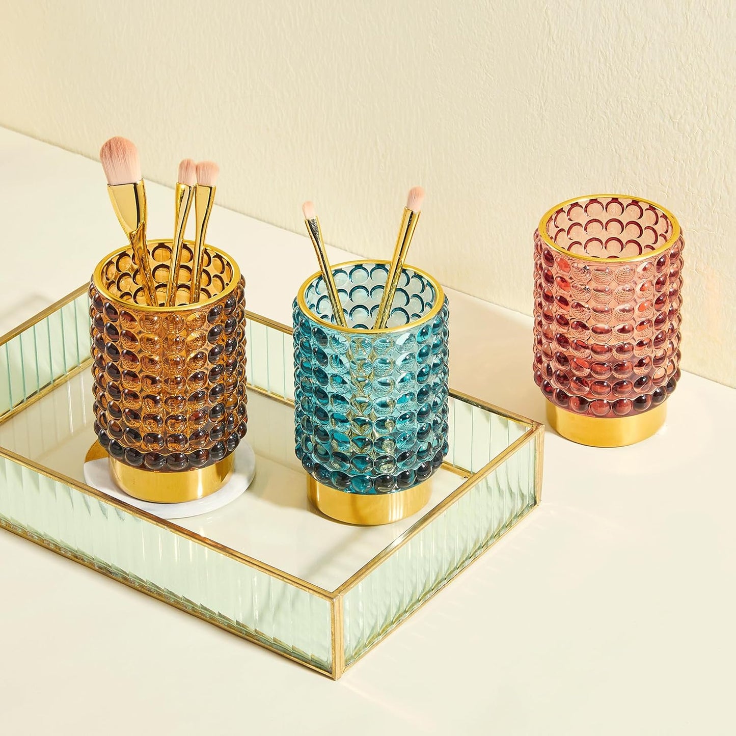 Makeup Brush Holder Organizer,Toothbrush Holders,Desk Pen Pencil Holder,Multifunctional Vintage Glass Brush Cup(A38-7-US/Blue/L)