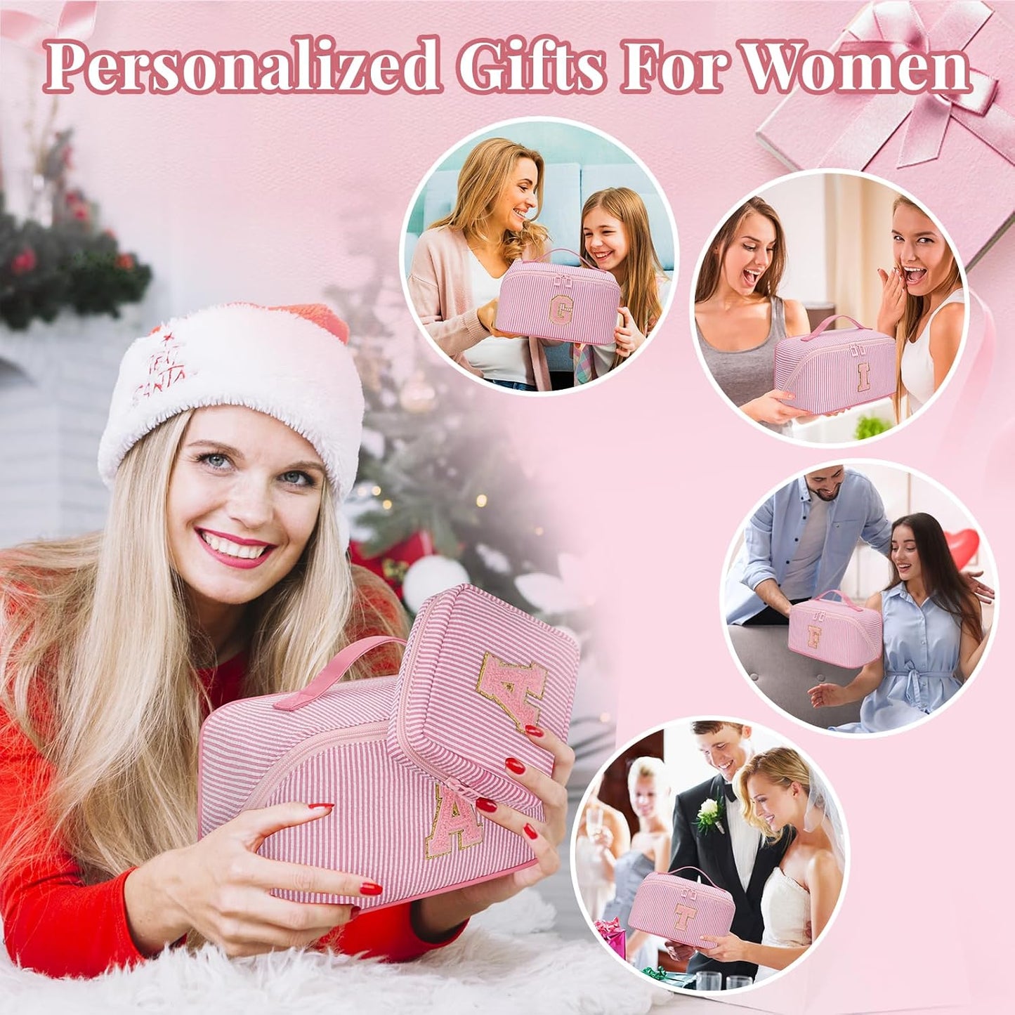 Travel Makeup Bag for Women, 2Pcs Portable Personalized Initial Makeup Organizer Bag, Open Flat Large Cosmetic Bag With Travel Essential Pouch (Pink Letter P)