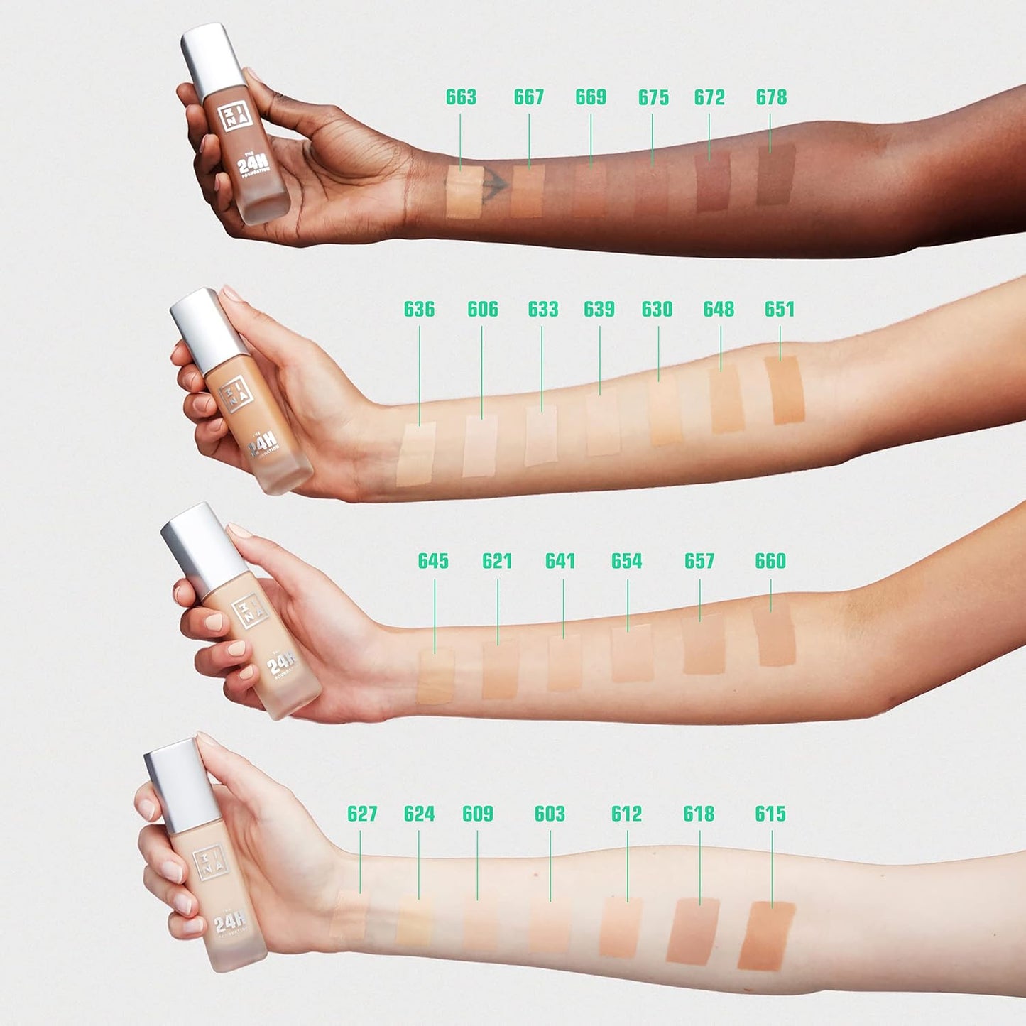 3INA The 24H Foundation 654-24H Long-Wearing Formula - Medium To High Buildable Coverage - Smooth Matte Finish - Expanded Shade Selection - Waterproof, Cruelty Free, Vegan Makeup - 1.01 Oz