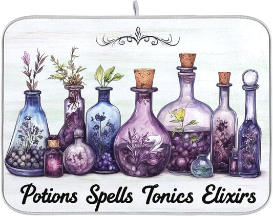 Halloween Potions Dish Drying Mat for Kitchen Countertop 18x24 Witch Herbs Purple Spooky Large Drying Mat Reusable Quick Dry Dish Sink Mats Easy Clean Decorative Essentials