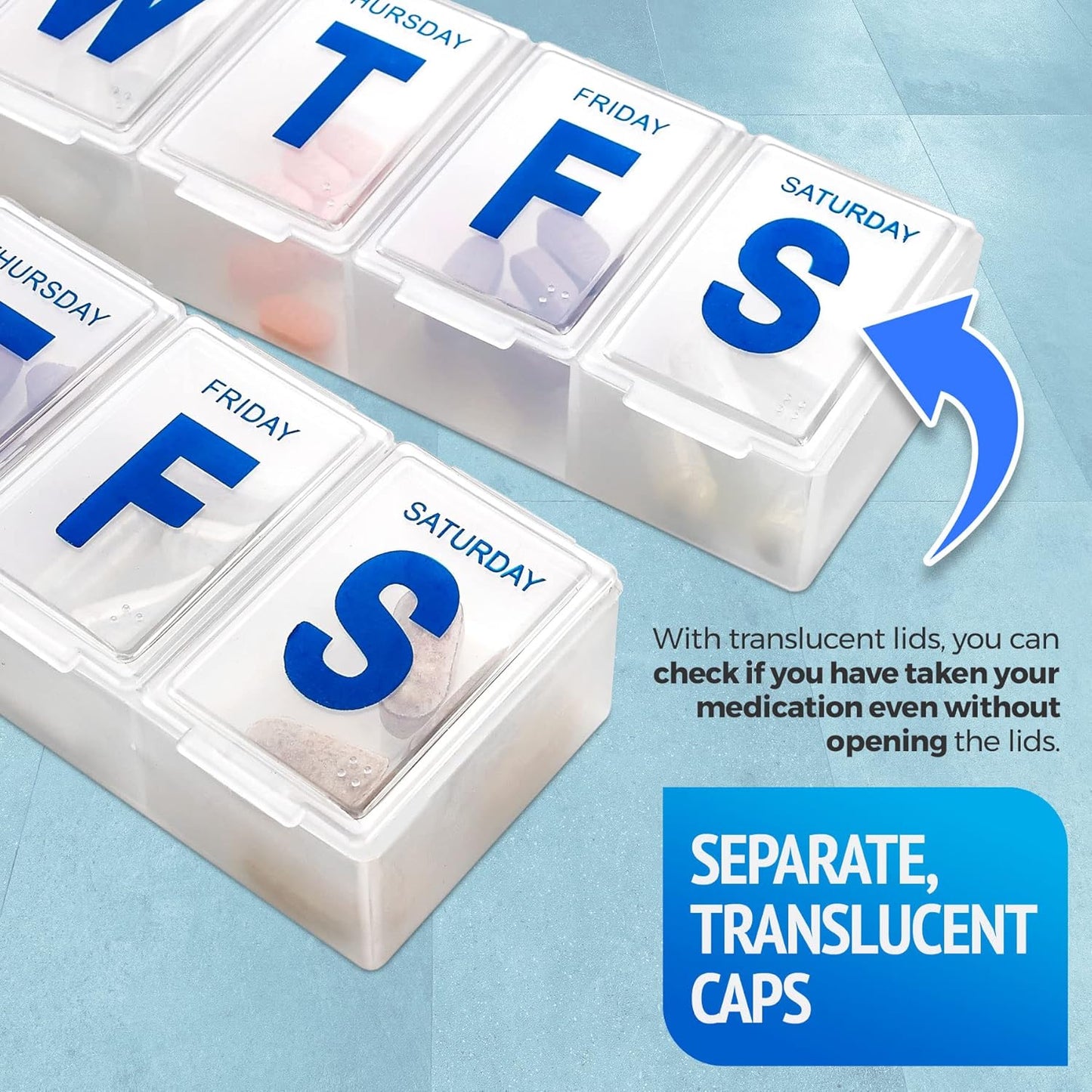 Weekly Pill Organizer - 7-Day Pill Planner Extra Large Pill Planner and Daily Pill Organizer and Medicine Reminder, Monday to Sunday Compartments - BPA Free - Travel Pill Box Case (Pack of 4)