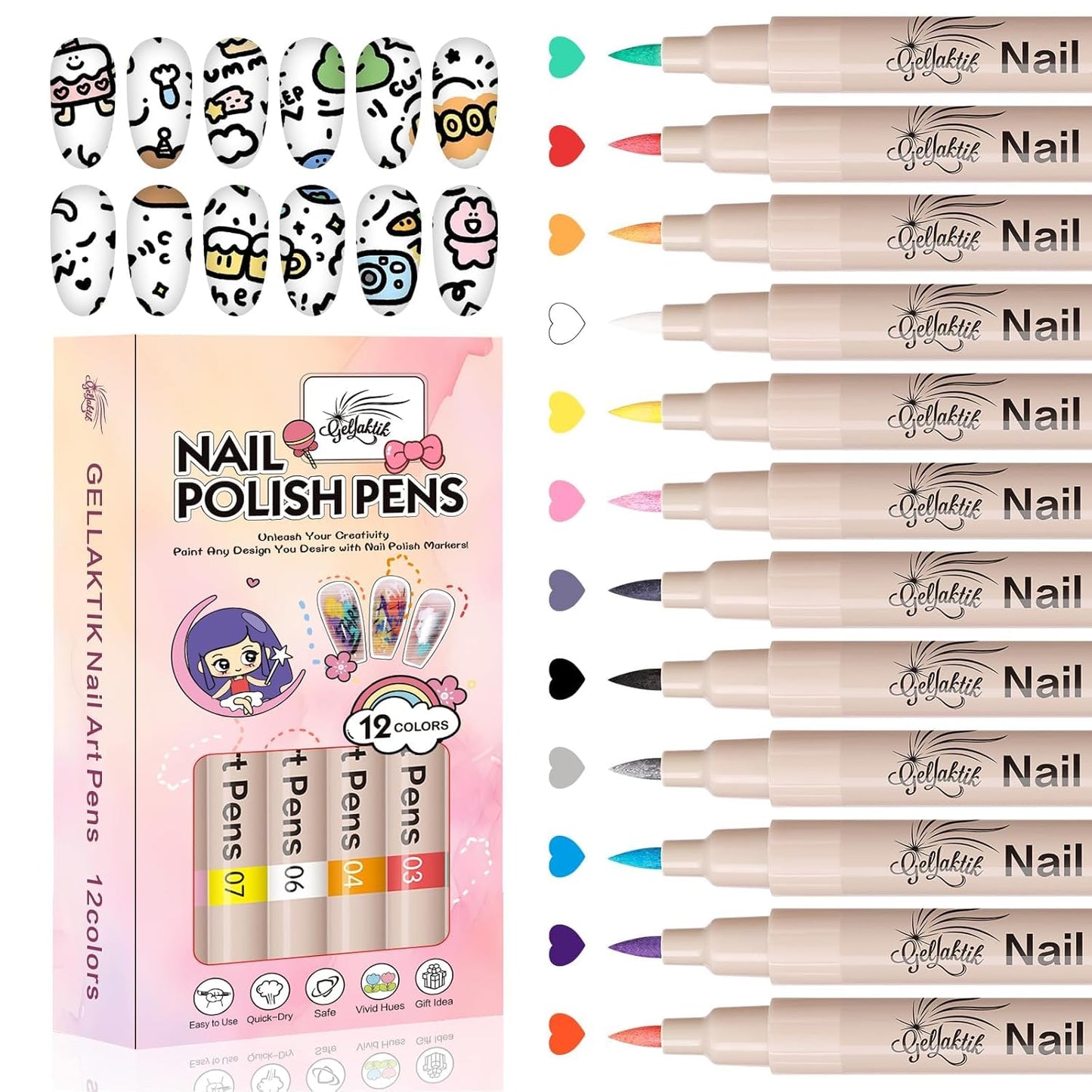 12 Colors Nail Art Pens Set, 3D Nail Polish Pens Quick-Drying Acrylic Paint Markers, Dotting Liner Brush for DIY Nail Design, Home & Salon Manicure Tools