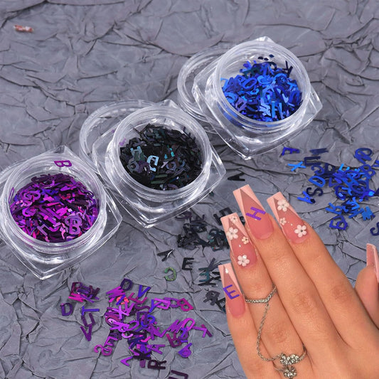 3 Colors Nail Art Glitters & Sequins - Black & Purple Letter Shaped Nail Sticker for Women's Manicure DIY