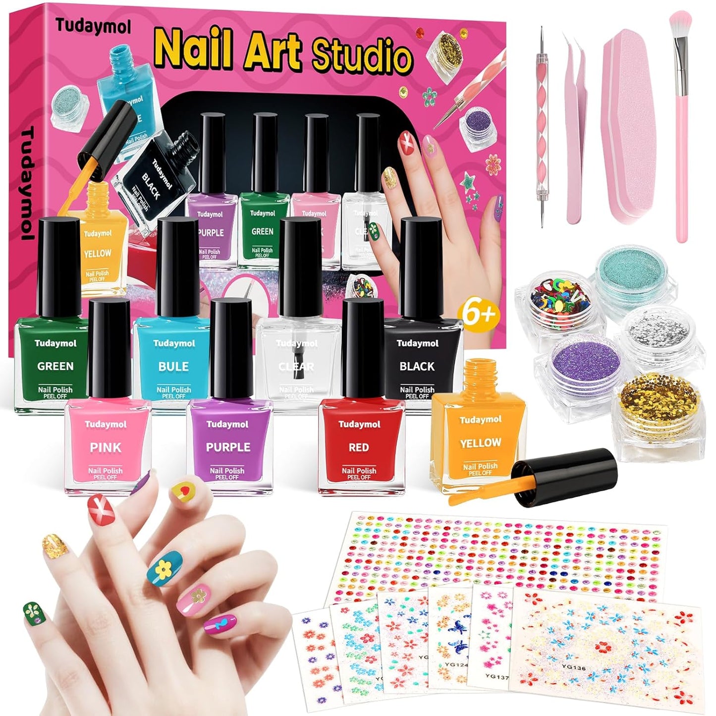 Tudaymol Nail Polish Set for Kids - Water-Based Peelable Polish-8 Colors with Glitter, Gems, Stickers, Pens, Tools, DIY Nail Art Kit, Non-Toxic Girl Toys Birthday Gift for Girls Ages 6 7 8 9 10 11 12