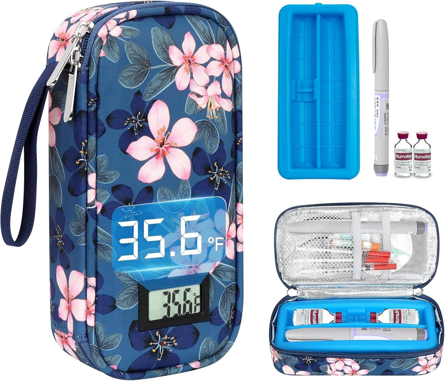 Insulin Cooler Travel Case for Pen & Vials - TSA Approved Temperature Display Diabetic Medication Cooling Bag with Protective Ice Brick, Refrigerated Diabetes Supplies Carrying Organizer(Magnolia)