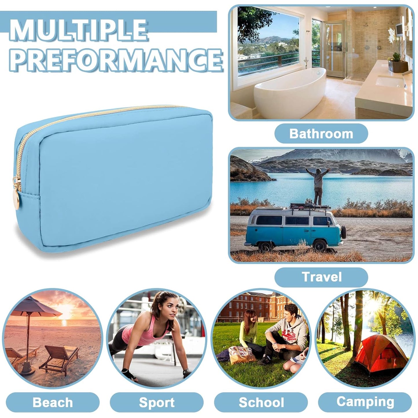 Small Makeup Pouch for Purse, Nylon Travel Toiletry Storage Pouch Cute Preppy Cosmetic Bag for Women Girls, Waterproof Makeup Organizer Skincare Bag Purse with Zipper (Small-Periwinkle)