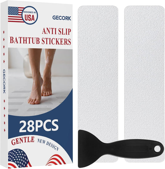 28 PCS Shower Floor Non Slip Stickers with Strong Adhesive, Invisible & Durable Anti Slip Shower Stickers with Scraper for Bath Tub, Pools and Stairs(Clear,Wide Rectangle)