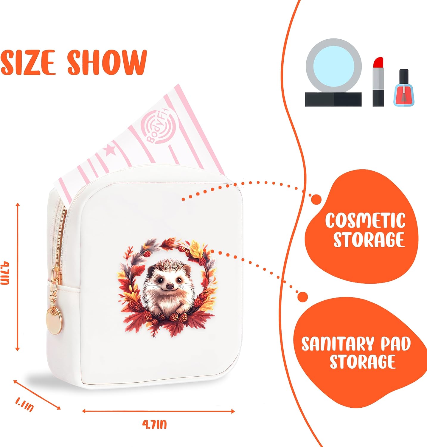 Hedgehog Mini Makeup Bag, Hedgehog Gift For Women Girls, Cute Portable Zipper Pouch Cosmetic Bag For Teen Girls Kids, Small Storage Bag For Sanitary Pad, Period napkin bag!