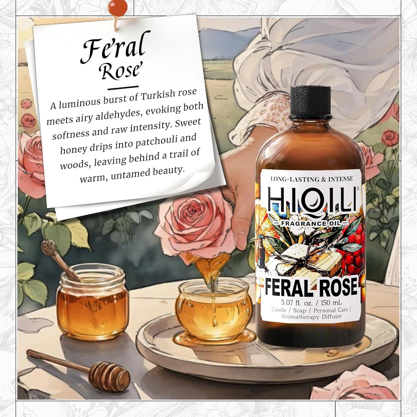 HIQILI Feral Rose Fragrance Oil for Candle Making, Inspired by Gr-Lain ROS.B-Bare, DIY Scented Body Oils, Home Luxury Scents for Essential Oil Diffuser - 5.07 Fl Oz