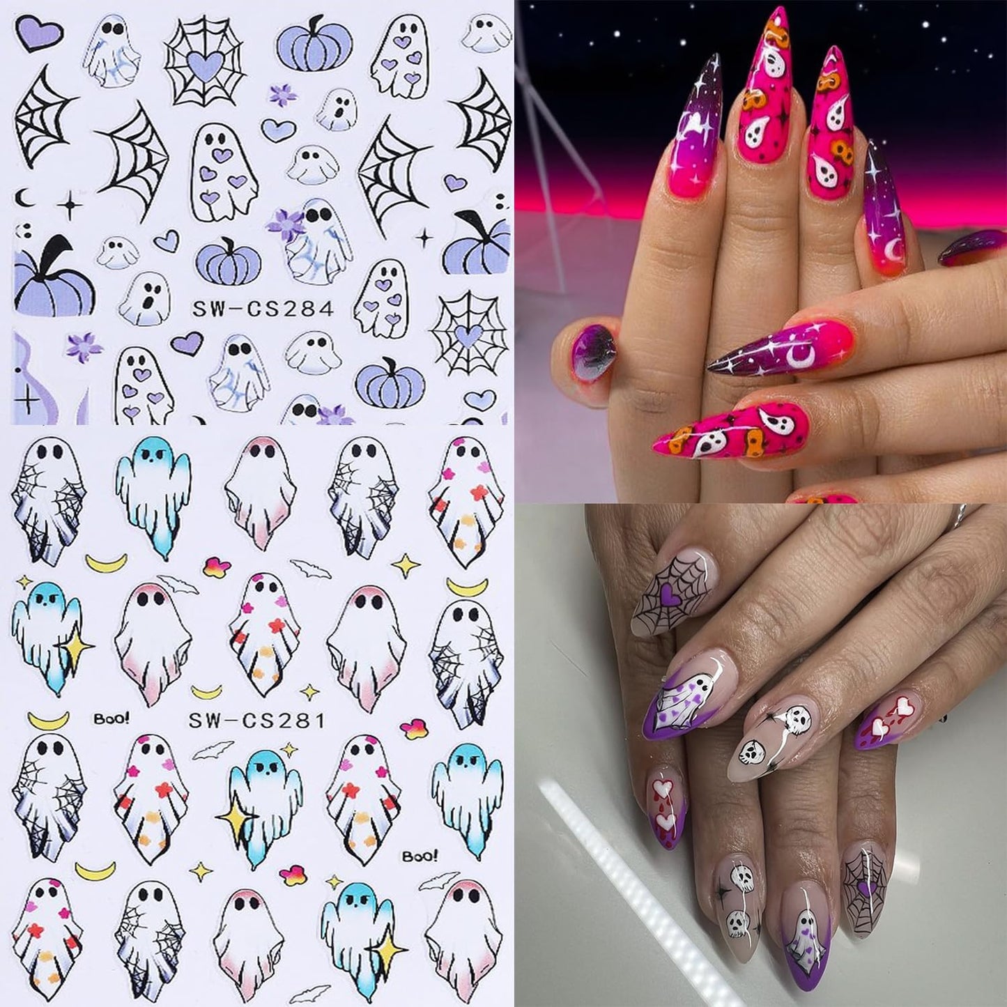 6 Sheets Halloween Nail Art Stickers 3D Self -Adhesive Cute Ghost Pumpkin Nail Decals Holographic Heart Spider Web Skeleton Flame Nail Stickers Halloween Nail Decoration for Women Manicure Supplies