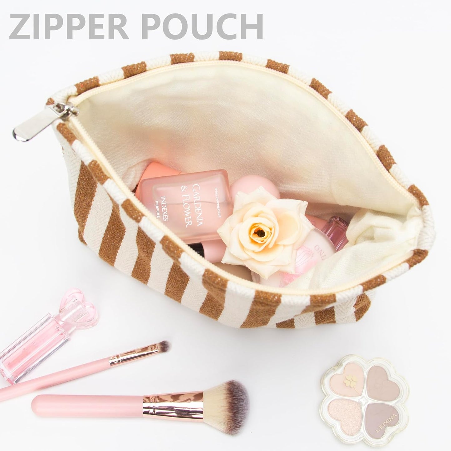 PAZIMIIK Makeup Bag Large Cotton Zipper Pouch for Purse Travel Canvas Make Up Organizer for Women Cosmetic,Stripe Coffee
