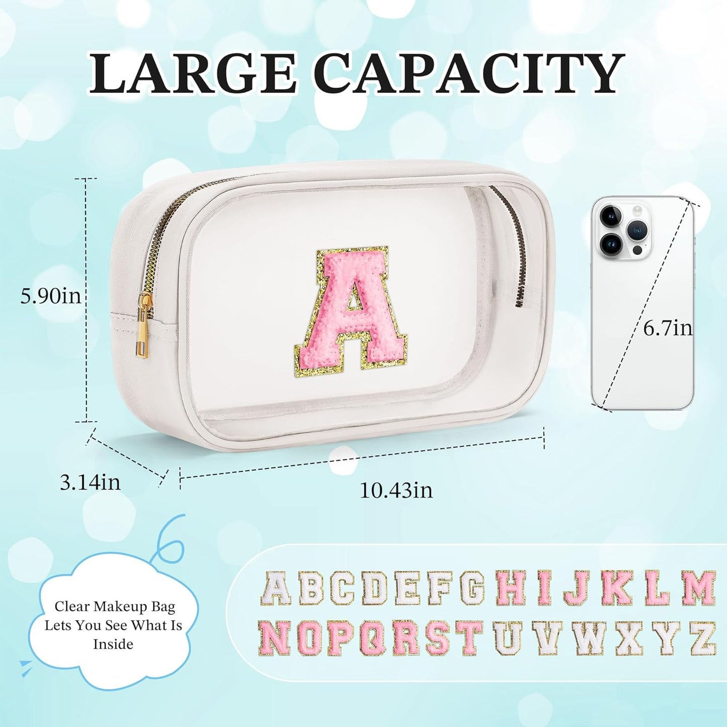 YOOLIFE Initial Make Up Bag Travel Toiletry Bag, Clear Makeup Bag Preppy Stuff Travel Essentials Pink Gifts for Women Teen Girlfriend Teacher Mom Birthday Birthday Gifts for Her Wife White A