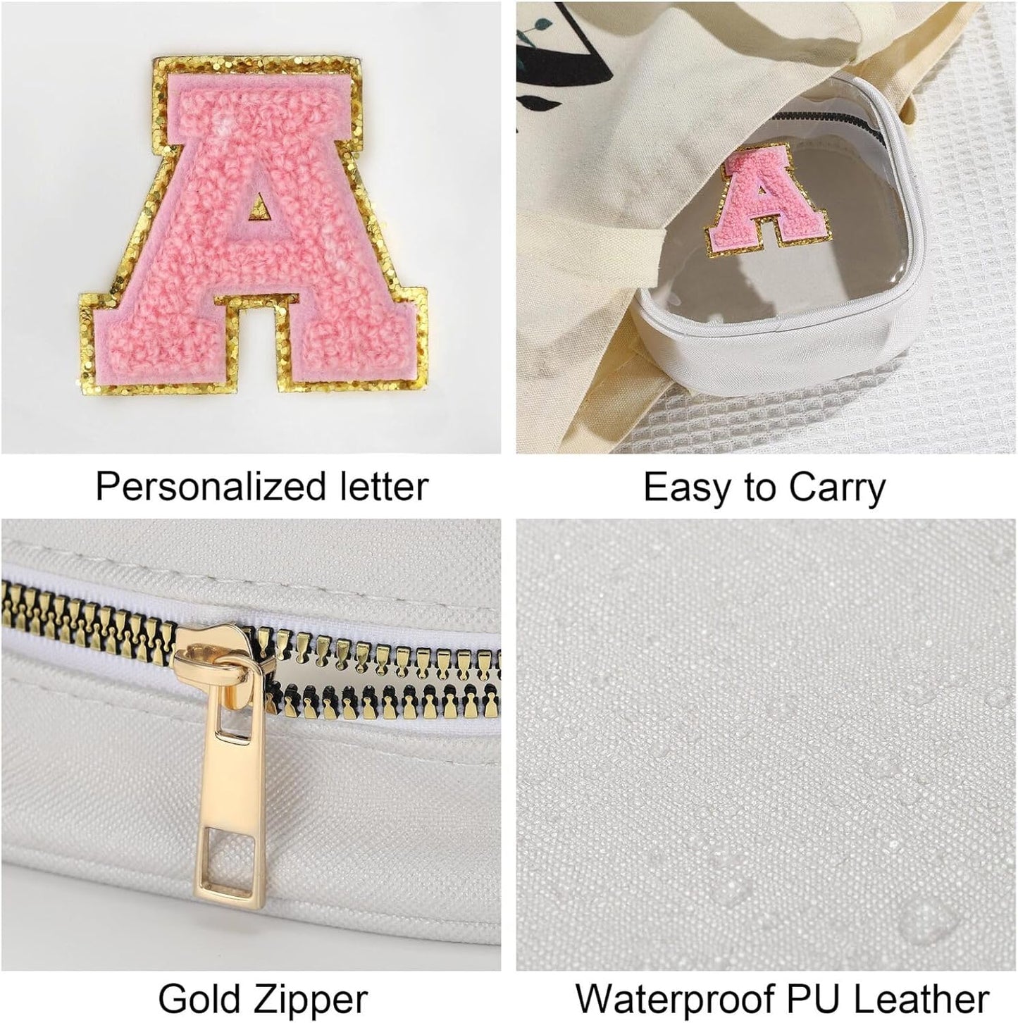 YOOLIFE Initial Make Up Bag Travel Toiletry Bag, Clear Makeup Bag Preppy Cosmetic Bags Organizer Travel Essentials Gifts for Women Teen Girlfriend Teacher Mom Birthday Mothers Day Gifts White T