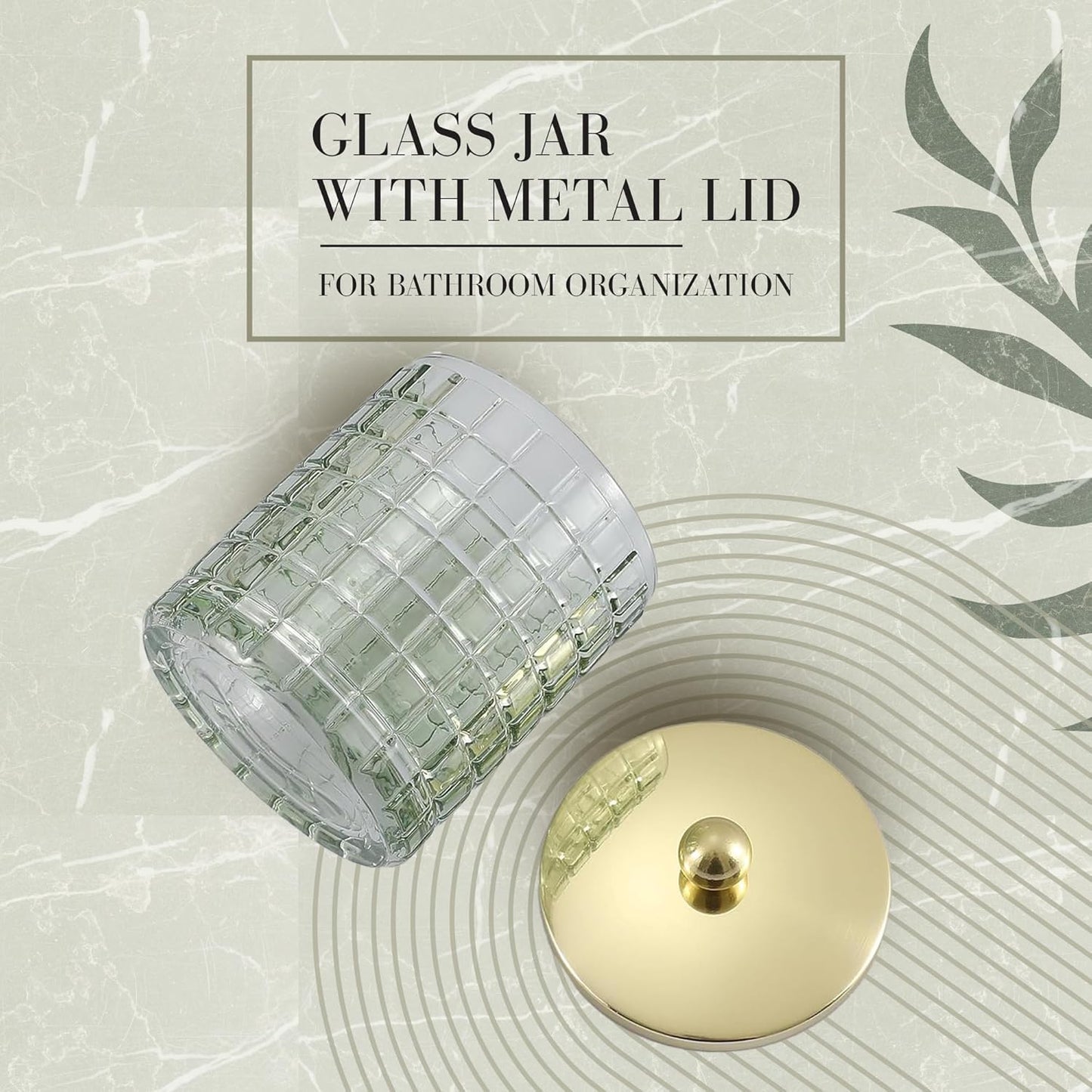 Glass Jar with Metal Lid for Bathroom Organization, Clear Apothecary Jar for Cotton Balls, Q Tips, and Small Accessories, Stylish Bathroom Storage Container Sage Green, Gold