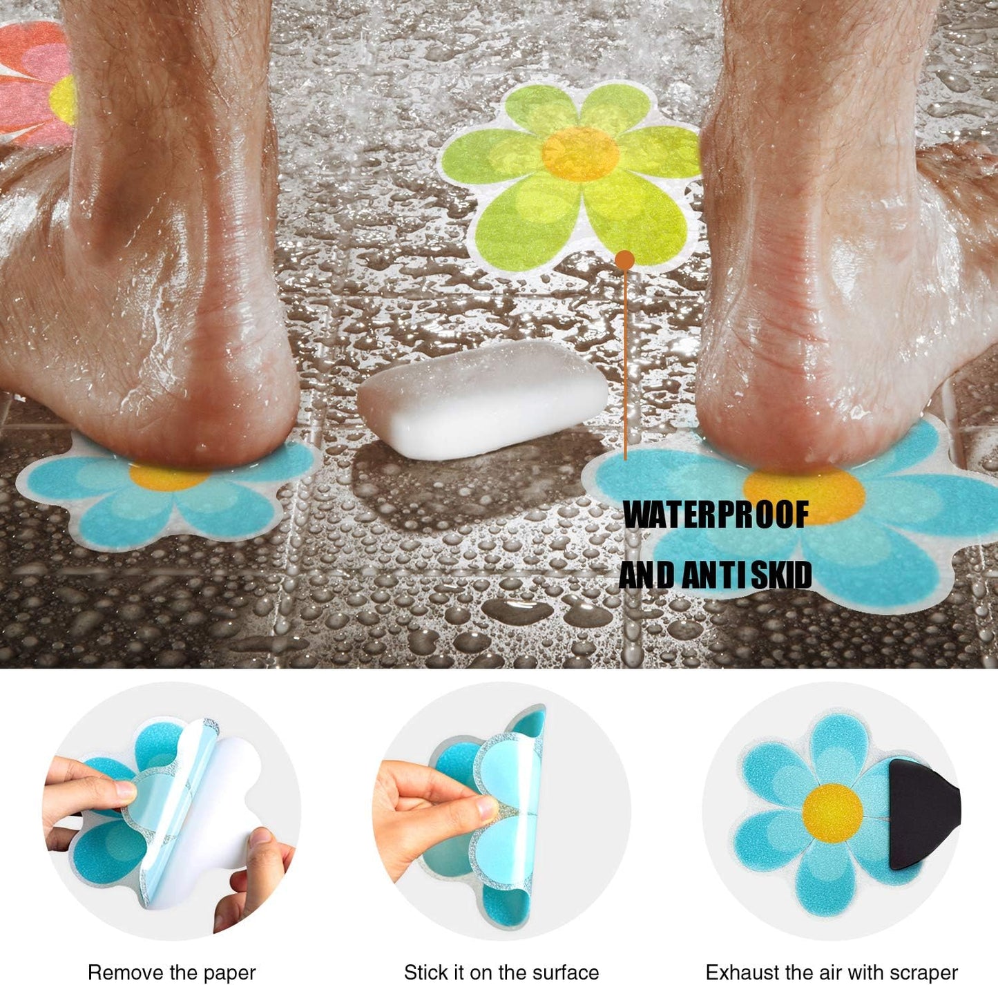 20 PCS Original Non Slip Bathtub Stickers, Shower Floor Non Slip Stickers Bright Flowers Appliques with Premium Scraper