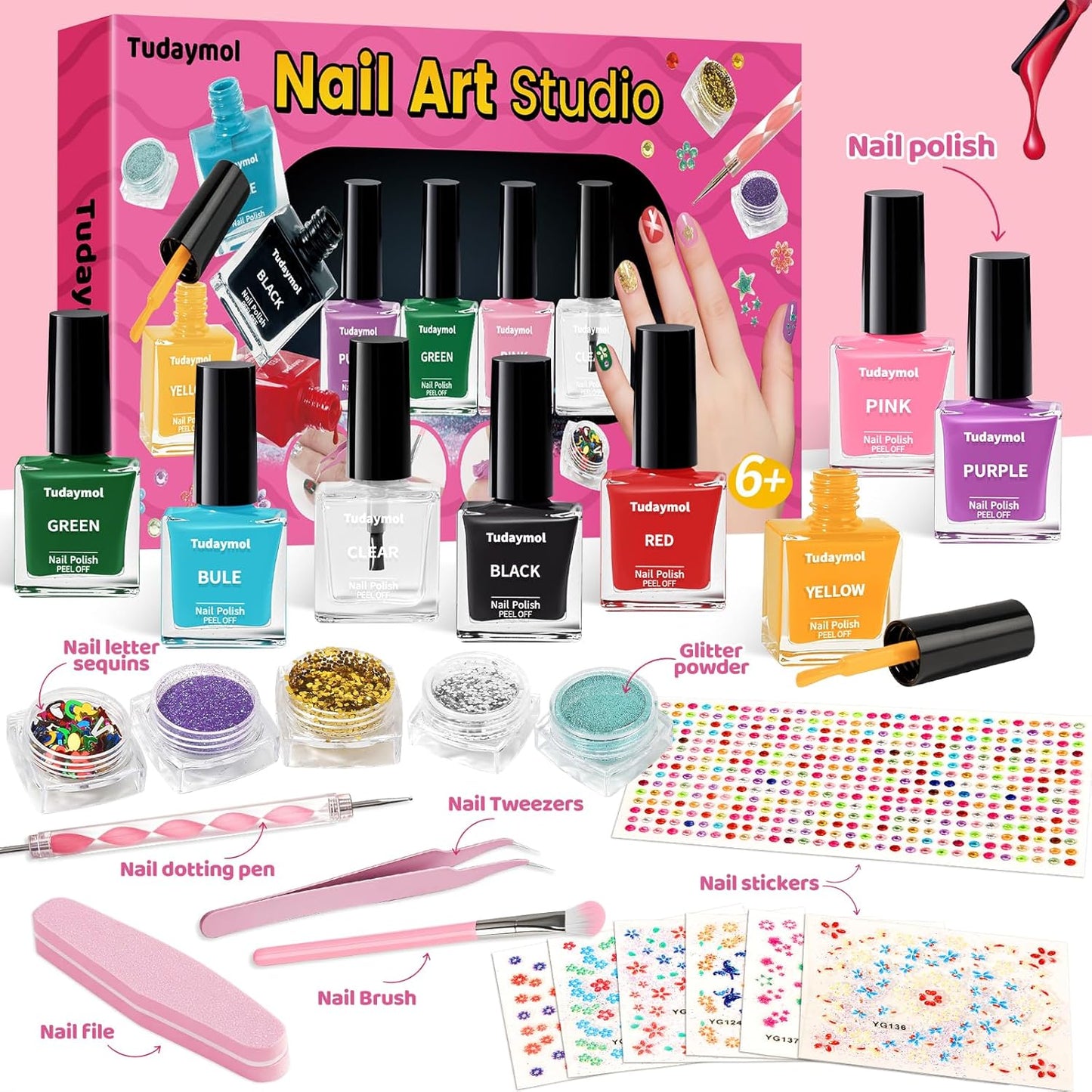 Tudaymol Nail Polish Set for Kids - Water-Based Peelable Polish-8 Colors with Glitter, Gems, Stickers, Pens, Tools, DIY Nail Art Kit, Non-Toxic Girl Toys Birthday Gift for Girls Ages 6 7 8 9 10 11 12