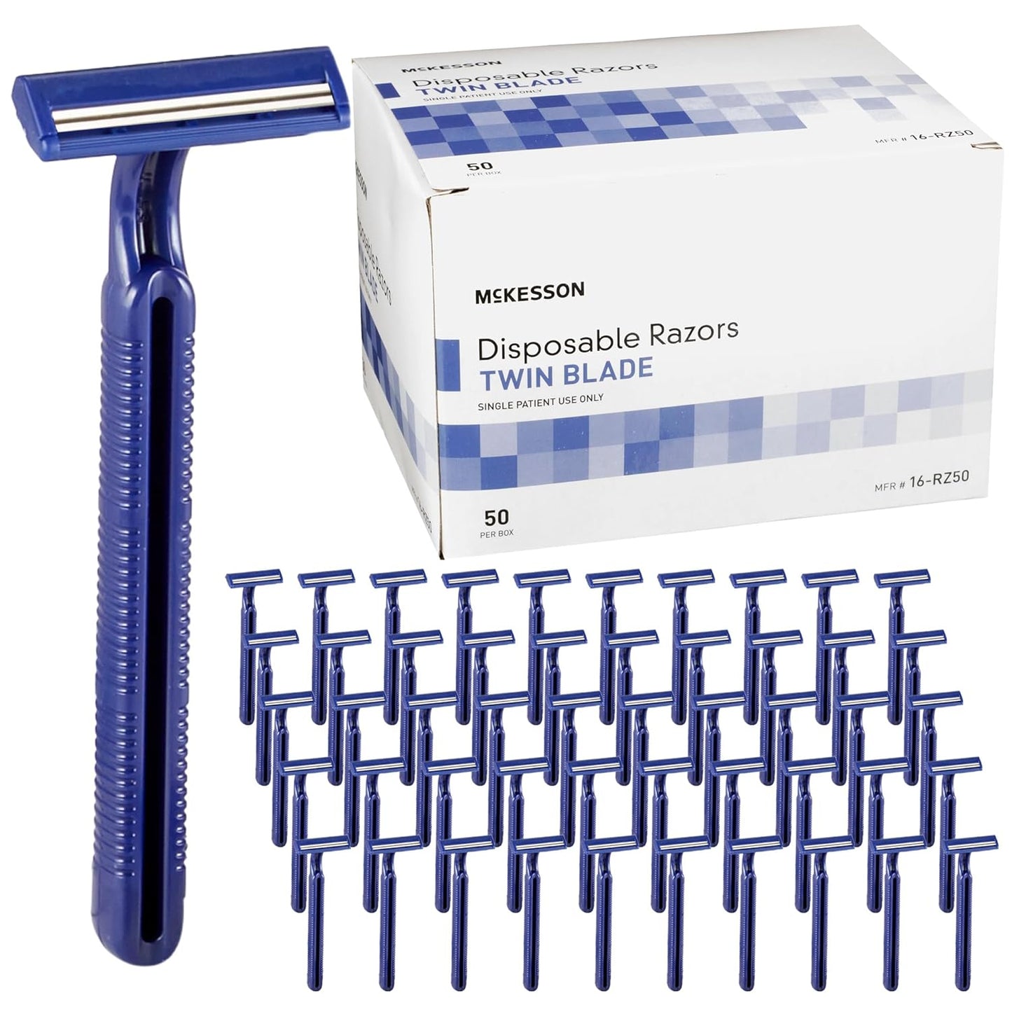McKesson Disposable Razors [50 Count] – Twin Blade Bulk Shaving Razors for Men & Women, Stainless Steel, Blue, Single-Use for Medical Clinics, Tattoo, Travel, Camping & Salon Care
