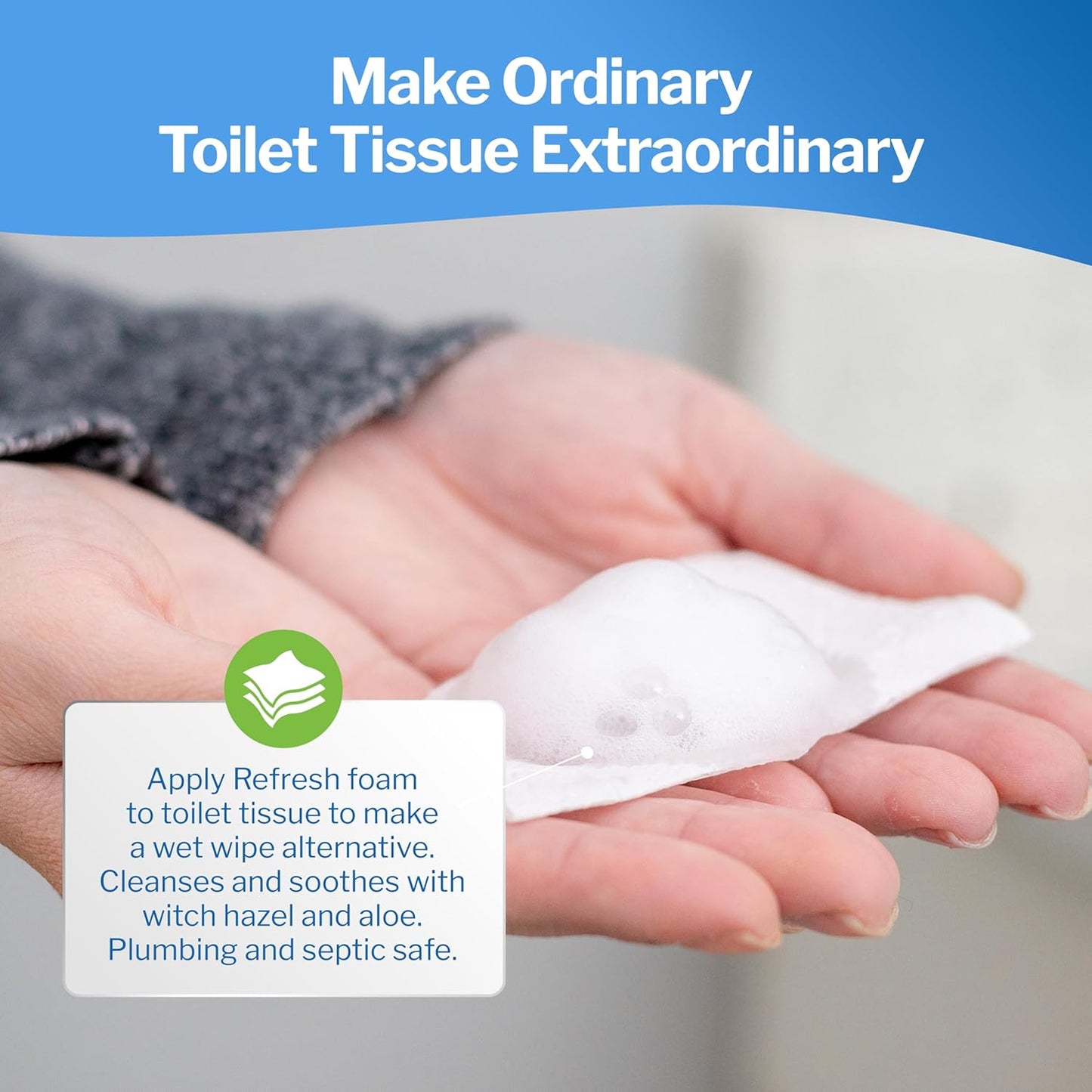 Refresh Liquid Wipe: Toilet Paper Foam. Eco-Friendly Wet Wipe Alternative with Witch Hazel and Aloe. Plumbing and Septic Safe. 250ml/50ml (10.14 Fl Oz Total) Combo Pack