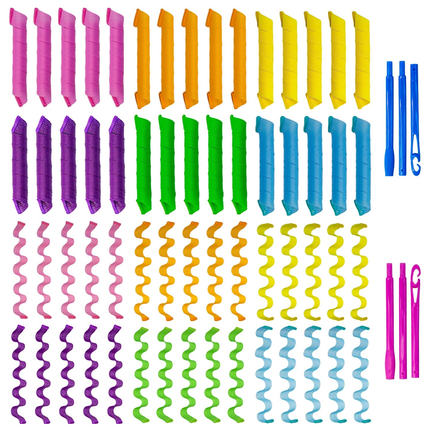 60pcs Heatless Hair Curlers Rollers Spiral and Wave Styling Kit with 2 Sets Styling Hooks,No Heat Curlers for Women Girl's Medium and Long Hair (17.8 Inch/45 cm)