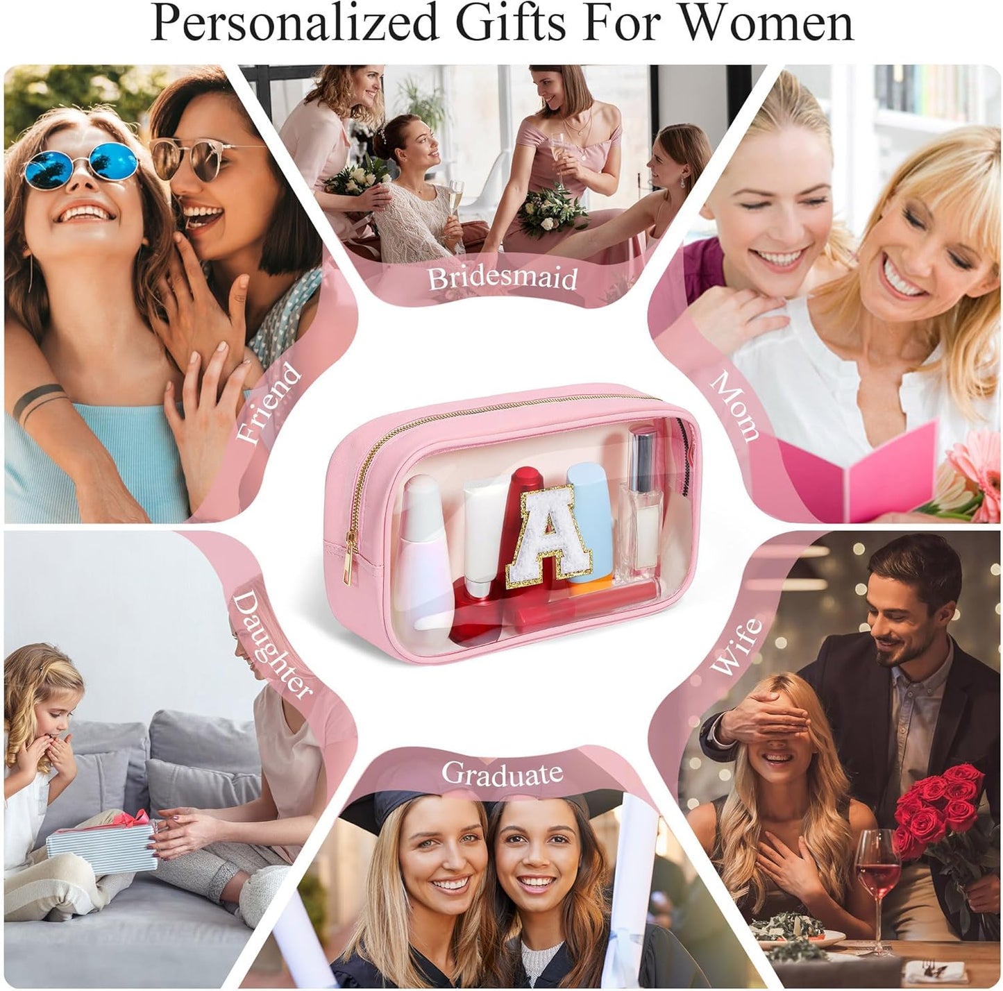 YOOLIFE Initial Travel Makeup Bag Pouch, Clear Toiletry Bag for Women Travel Accessories Cosmetic Bag Skin Care for Teen Make Up Bags Birthday Gifts for Women Unique Teacher Mom Friends Gifts Pink R